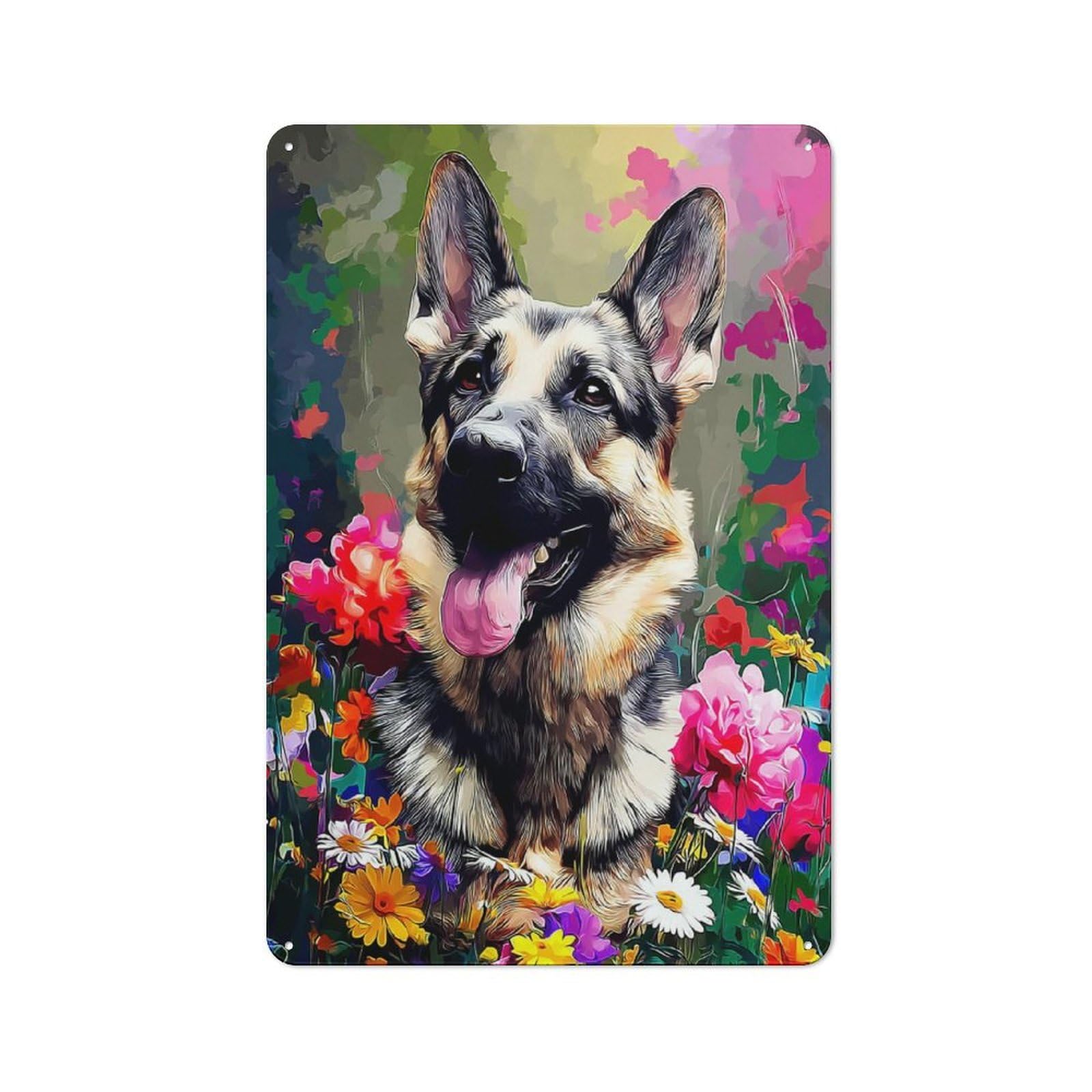 Metal Wall Plaque with Floral Guardian A German Shepherd's Serenade Design 30x20cm, Retro Small Space Decor for Flat, Dorm Room, Lounge Or Cafe
