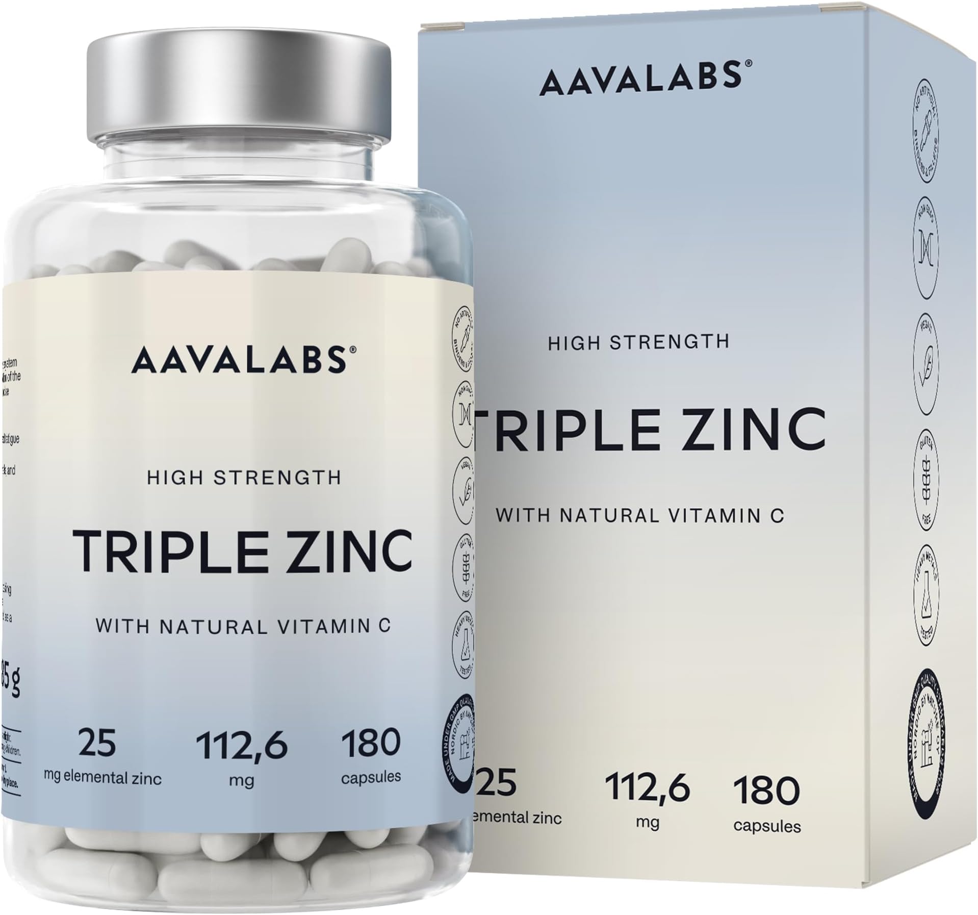 Triple Zinc 25mg per Serving - Natural Zinc - Complex of Vitamin C and Zinc - 180 Zinc Tablets High Strength - 3X Forms of Zinc and Vitamin C - Picolinate, Bisglycinate, Zinc Monomethionine