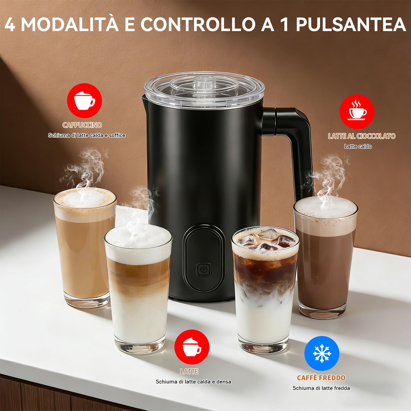 Montalatte elettrico, 4 in 1 automatico per latte da 350 ml, scalda latte caldo e freddo, latte in spugna elettrica, spegnimento automatico per latte, cappuccino