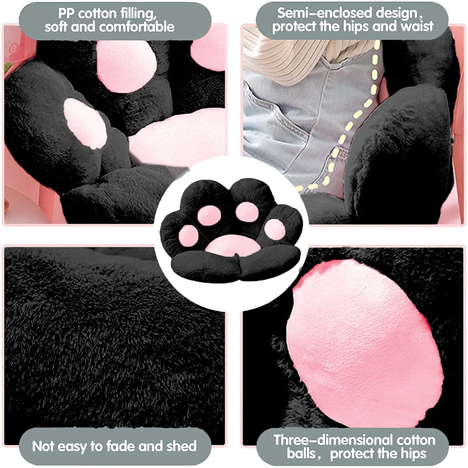 Coussin Pattes De Chat 60x60cm - Décoration Douce Pour Chaise, Canapé, Sol - Noir - Anti-stress