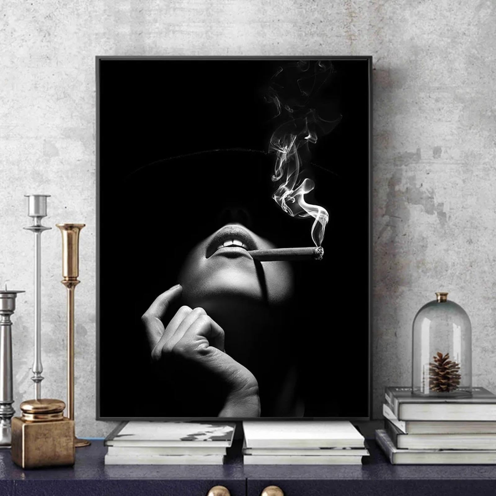 GELYX Stylowa farba ścienna dla kobiet, plakat i nadruk z palącym cygaro, obraz na płótnie, dekoracja wnętrz, 60 x 90 cm, bez ramki, obraz na płótnie, dekoracja wnętrz