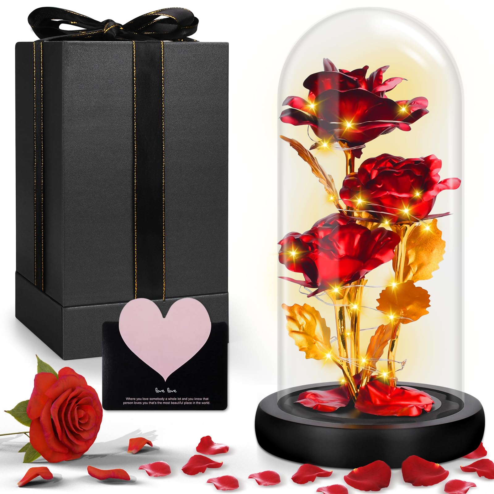 UCAMP Rosa Eterna con LED,Bella e La Bestia Rose Eterna,Galaxy Rose,Kit Regalo Rosa,Cupola in Vetro,Base in Legno,1 Biglietto d'Amore,per Mamma,Donne,Natale,Matrimonio,Anniversario,Festa della Mamma