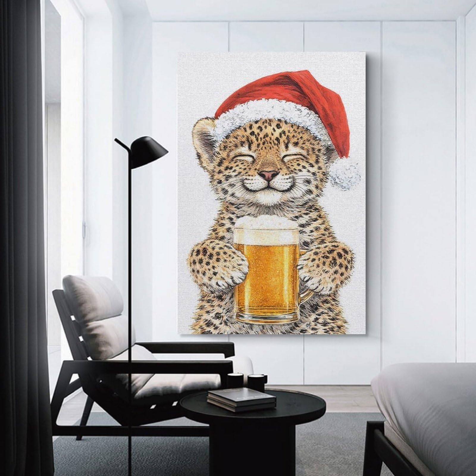 Junmoney Unframe-Style-4-1 Cute Leopard Cub With Beer And Santa Hat Home Decor Wall Art 08X12inch(20X30cm), For Gallery Wall Layouts In Home Or Office, A Versatile Canvas Print For Layering