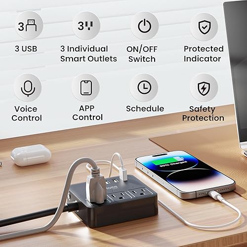 Miniatura 3 de GHome Smart Regleta de alimentación de enchufe, protector de sobretensiones WiFi funciona con Alexa Google Home, enchufes inteligentes con 3 puertos