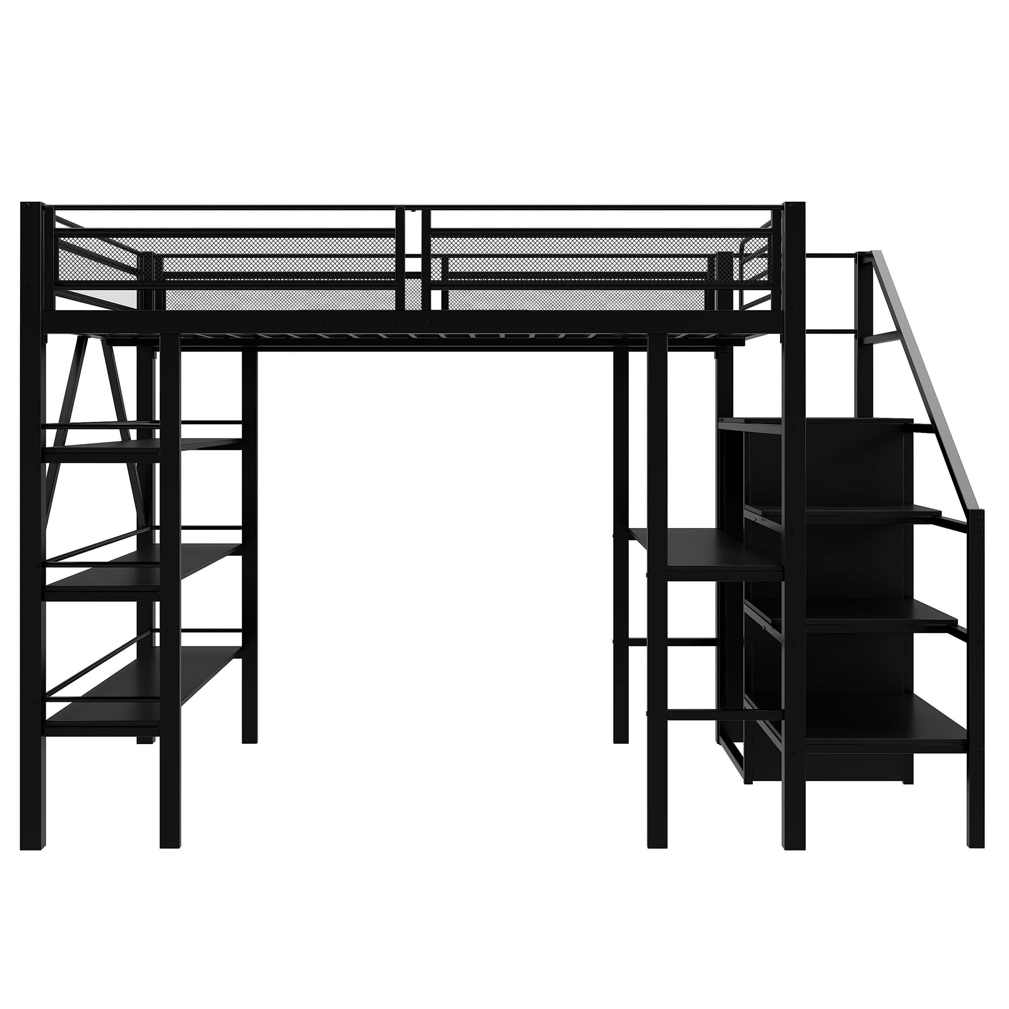 Dolamaní Letto a soppalco in metallo, 140 x 200 cm, per adulti e ragazzi, con mensola, scrivania, vestiti, scale, con vano portaoggetti, design a rete alta, per letto matrimoniale, colore: nero