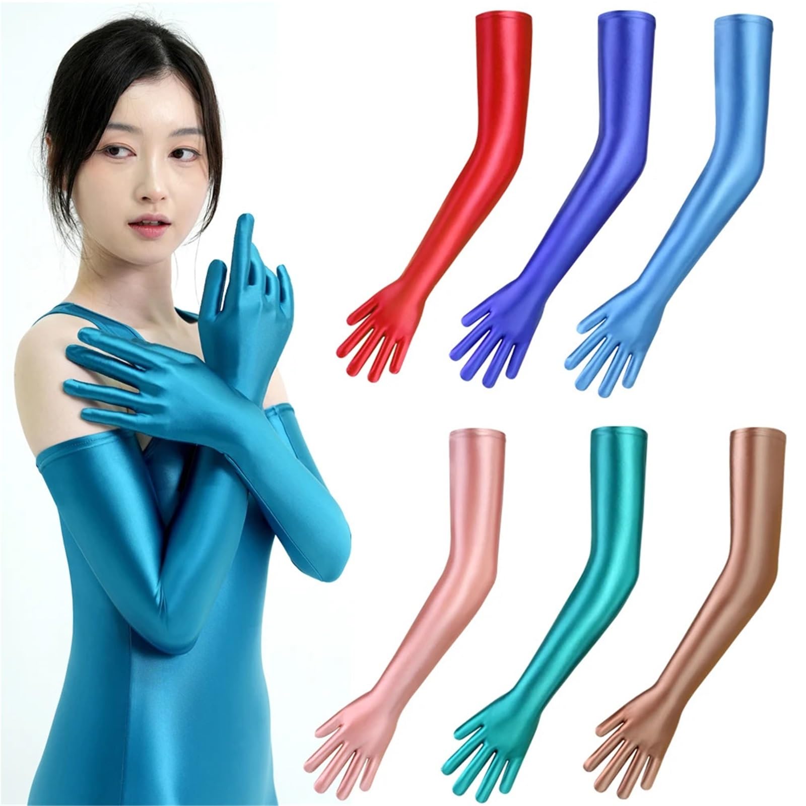 Guantes largos de satén Guantes de satén con dedos conectados, brillantes y elásticos, ultra largos, vestir
