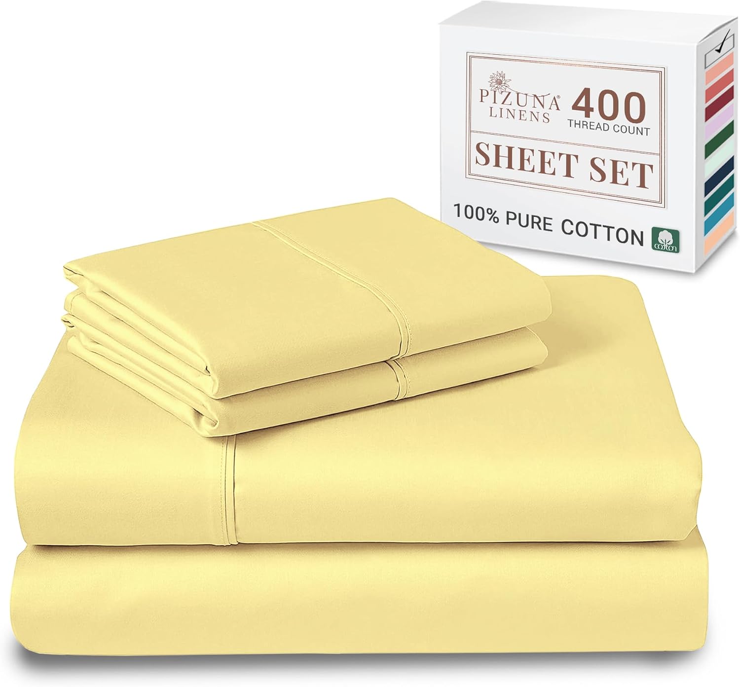 Pizuna Pure 100% Cotton Sheets California King Size, Luxurious 400 Thread Count Long Staple Cotton Sateen California King Sheet Set with 15inch Deep Pocket (Combed Cotton Sheets)