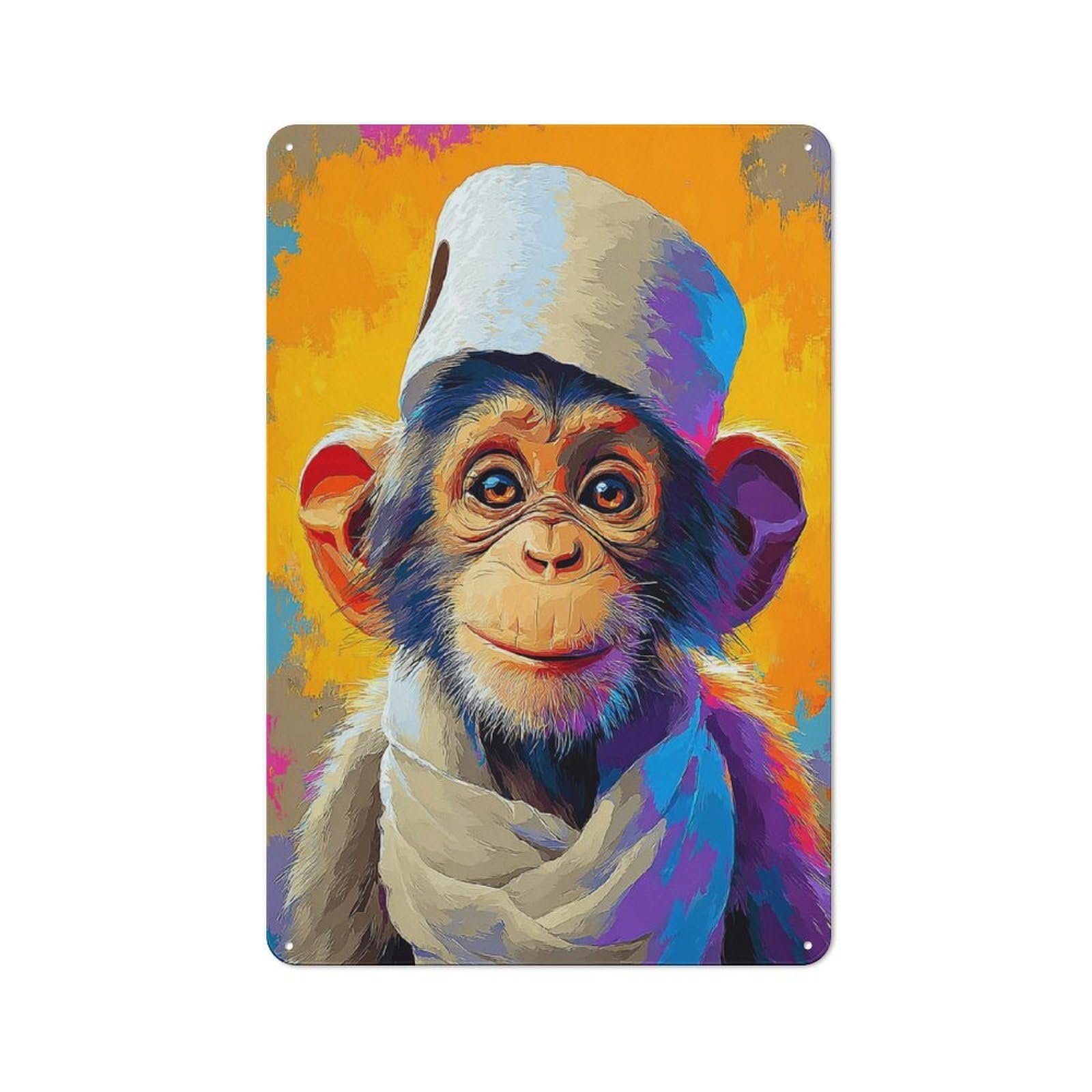 Junmoney Colorful Chimpanzee Portrait Art Vintage Metal Sign 30X20cm For Lounge Or Reading Corner, For Garage, Workshop And Man Cave Decoration