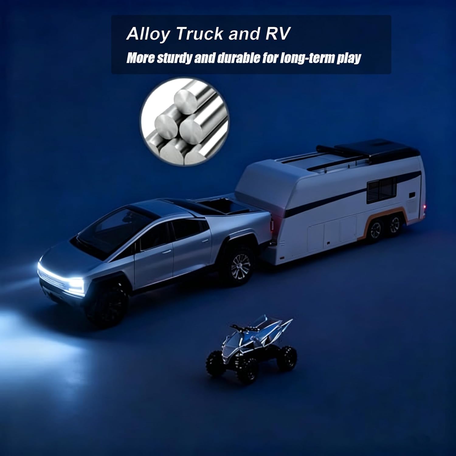Toy Car Alloy Truck Set with Trailer and Motorcycle Cyberpickup Toy with Sound and Light Effect Pull Back Vehicle RV Toy EV Model Ideal Gift for Kids Boys Girls Adult Age for 3+