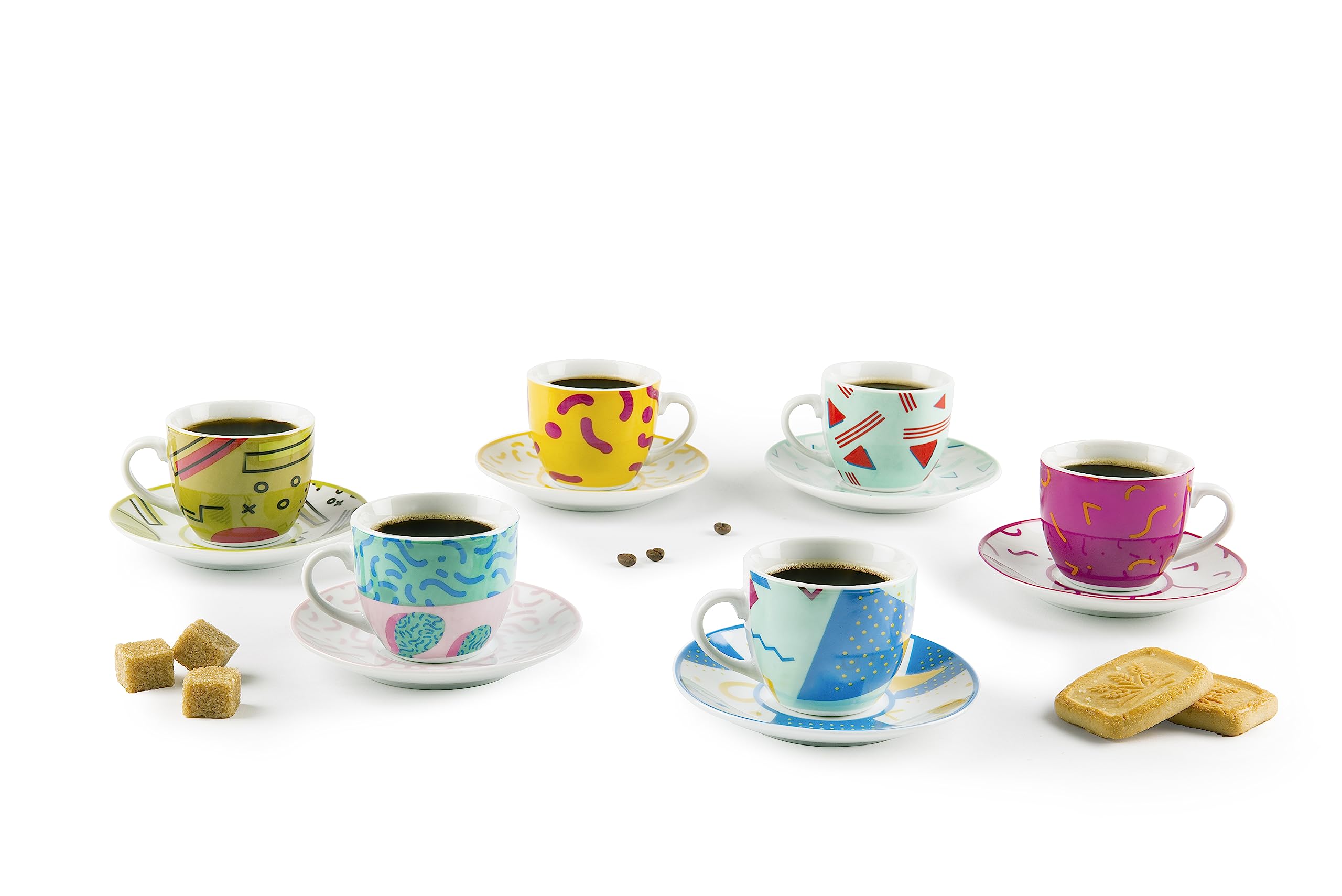Excelsa Radical - Juego de 6 tazas de café con platillo, porcelana, multicolor, 90 Mililitros