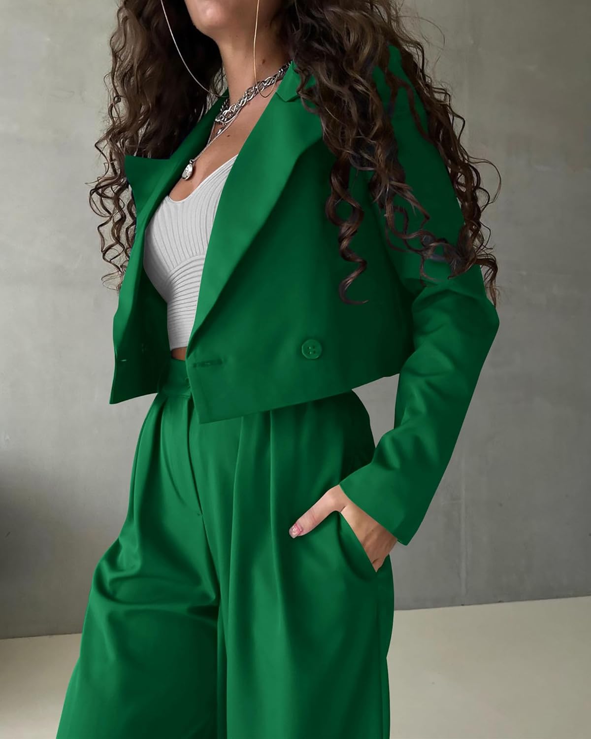 KIRUNDO Business Casual Outfits for Women 2025 Fall 2 Piece Cropped Blazer Jackets Wide Leg Pants Suit Sets Work Clothes - Image 4