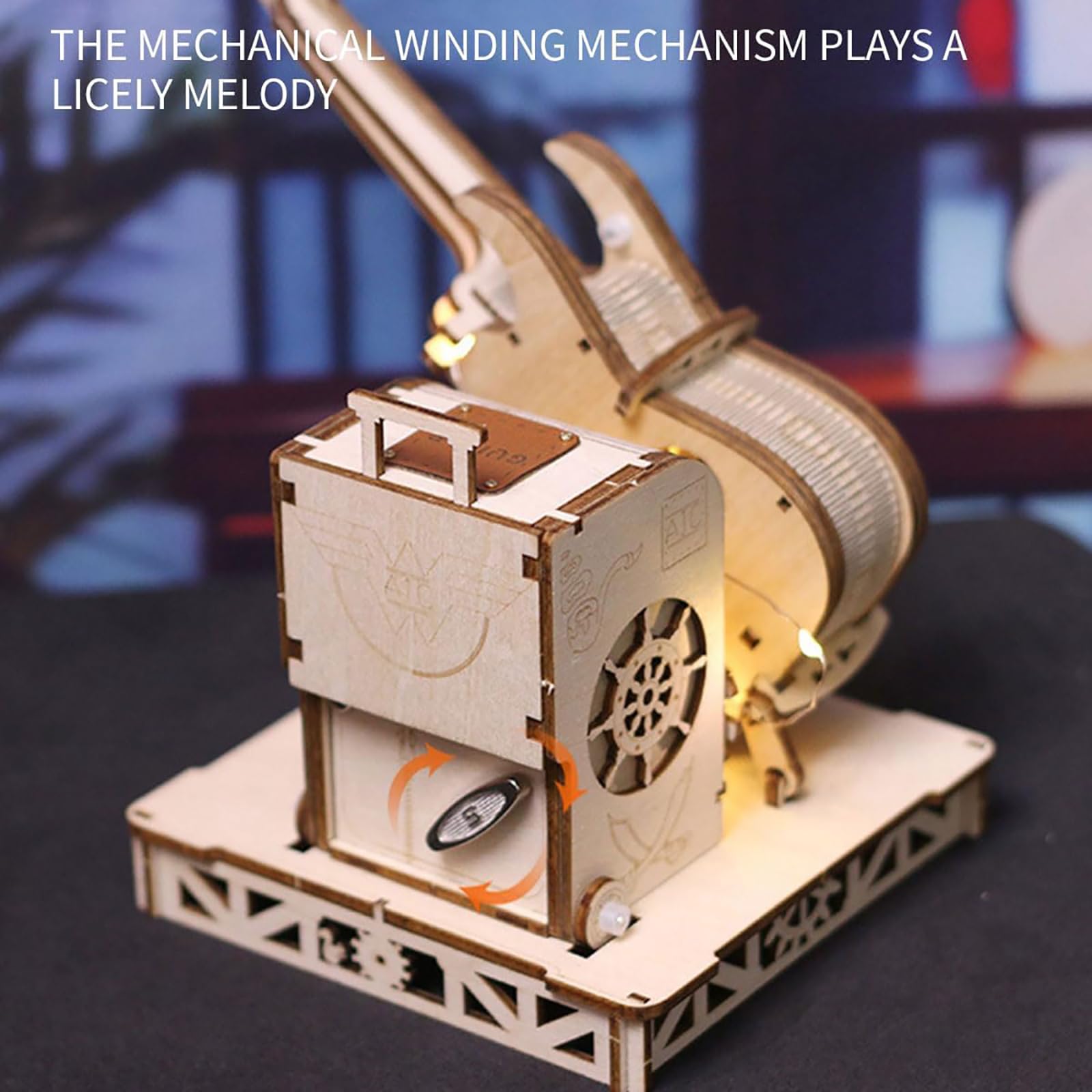 Generico Kit di Modelli in Legno 3D, Carillon a Forma di Chitarra con Trasmissione Meccanica in Legno da Costruire per Adulti, Decorazione per la Casa (150 Pezzi)