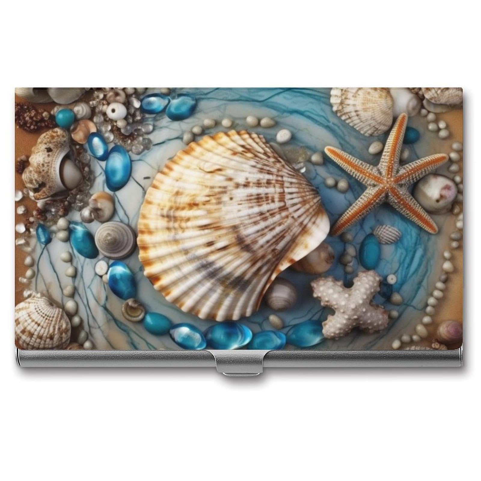 Lpsadgf Men's Ocean Shell Art Business Card Holder Slim - Metal Aluminum Alloy Credit Card Holder Case, Professional Flip Cover Business Cards Organizer Wallet For & Wo (Buckle Style)