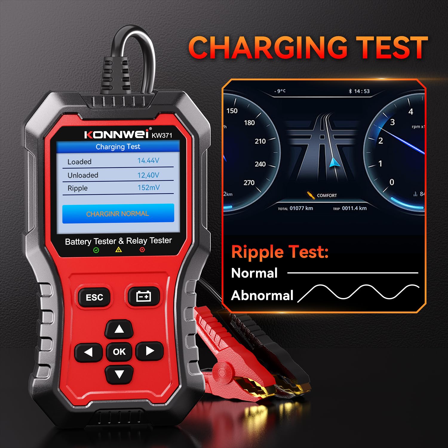 KONNWEI KW371 Battery Tester & Relay Tester 2 in 1 | 6V/12V/24V battery system tester with cranking & charging analysis. 4/5-pin relay tester. CCA 10-2000. No batteries required. thumbnail