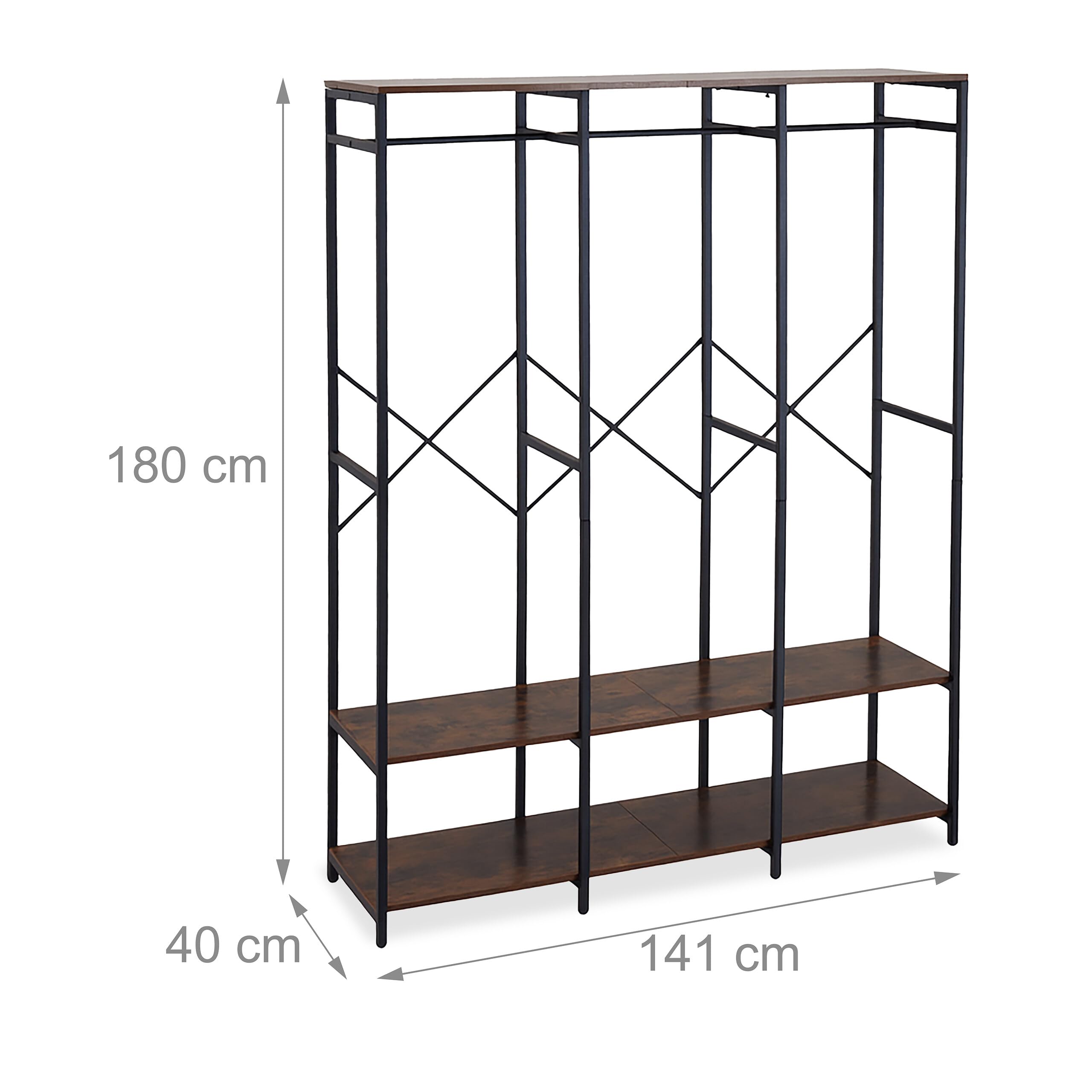 Relaxdays Armadio Aperto Appendiabiti, Guardaroba con Ripiani, Ganci e Barra, 180x141x40 cm, MDF e Ferro, Nero Marrone
