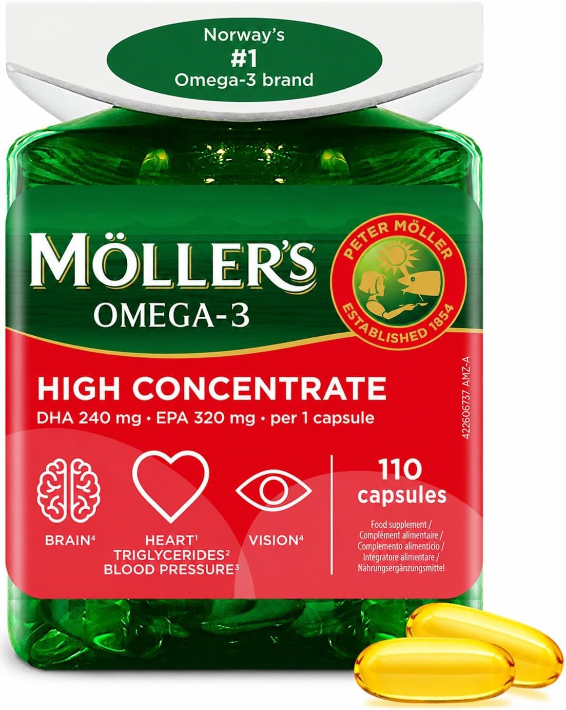 Moller’s ® | High Concentrate | Omega-3 | Premium-Fischöl | Hochdosiert bis zu 3360 mg EPA+DHA pro Tagesdosis | in Triglyceridform | für Gehirn, Sehkraft, Herz, Blutdruck | 110 Weichkapseln