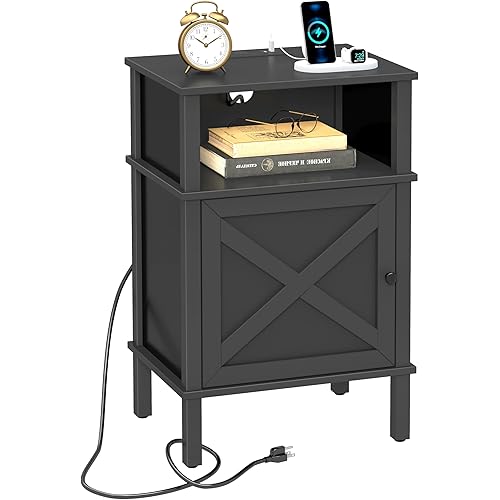 Nightstand with Charging Station, Farmhouse Nightstand, end Table with 2 Tiers Storage Space and Storage Cabinet, Sofa Side Tables for Bedroom, Living Room BZ0601BKE