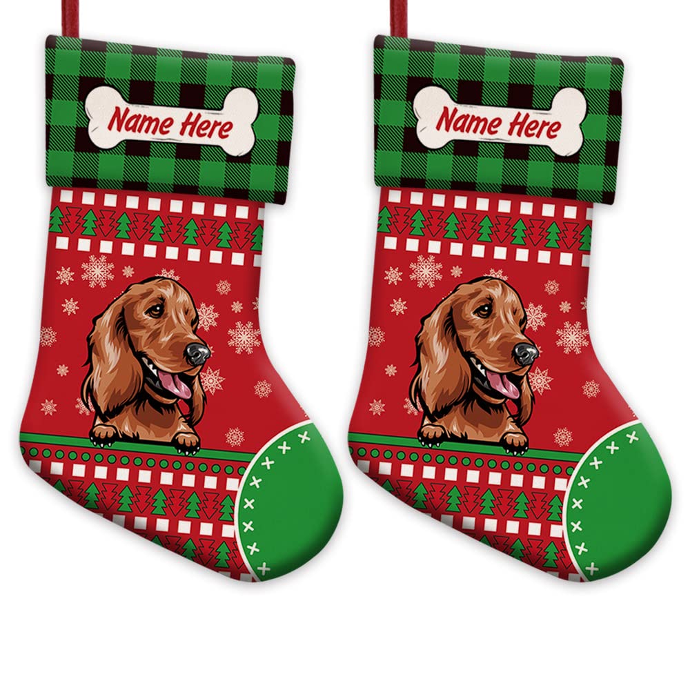 BAGEYOU 2 Pack Personalized Merry Christmas Red Stockings with Cute Puppy Cocker Spaniel Bone Green Buffalo Plaid Snowflake for Xmas Decoration 14.4"