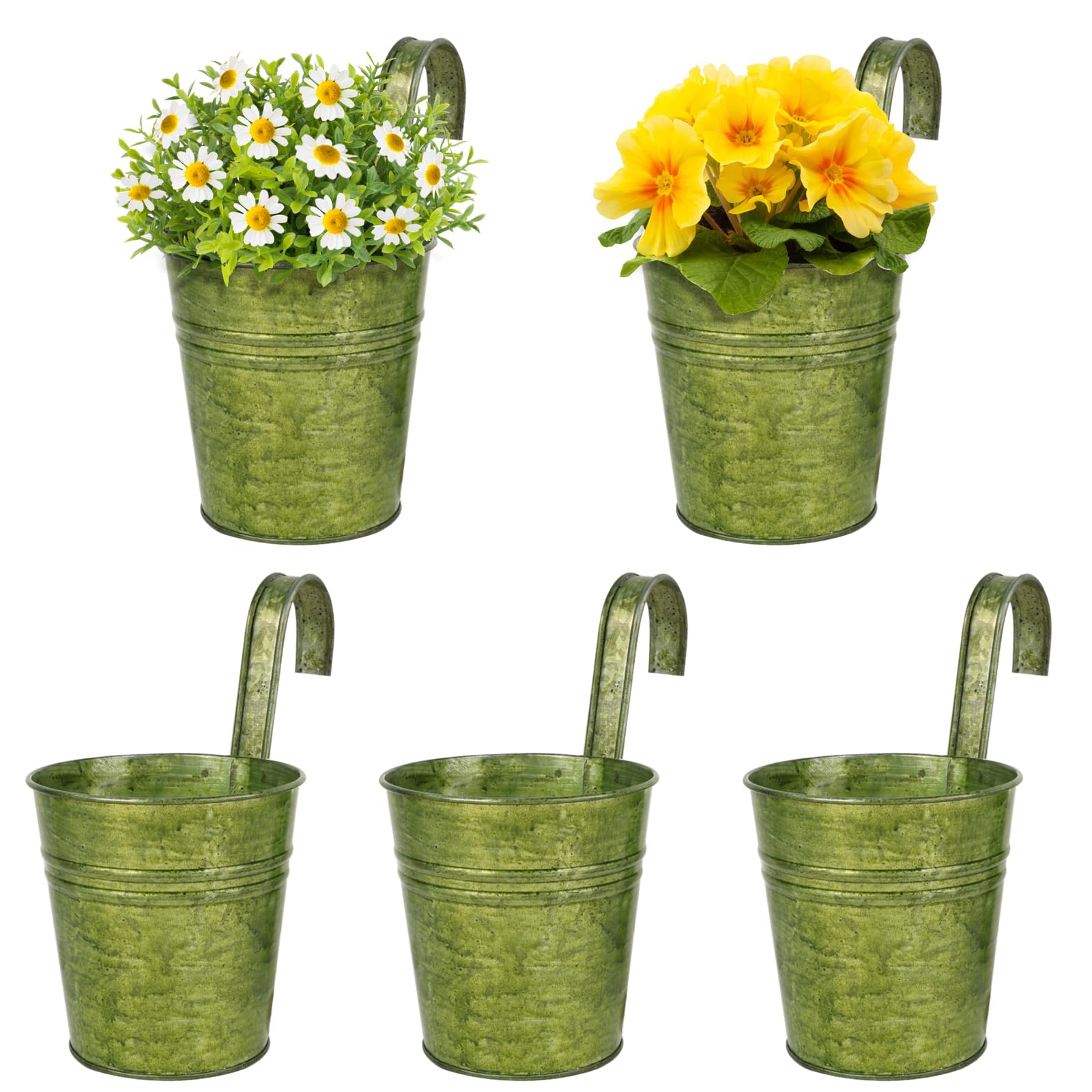 BOFUNX 5 Maceteros Colgantes de Hierro de Metal Macetas Pequeñas Colgar con Gancho con Orificio de Drenaje de Color Verde Vintage para Decoración Exterior Balcón Jardín Patio Pared Terraza