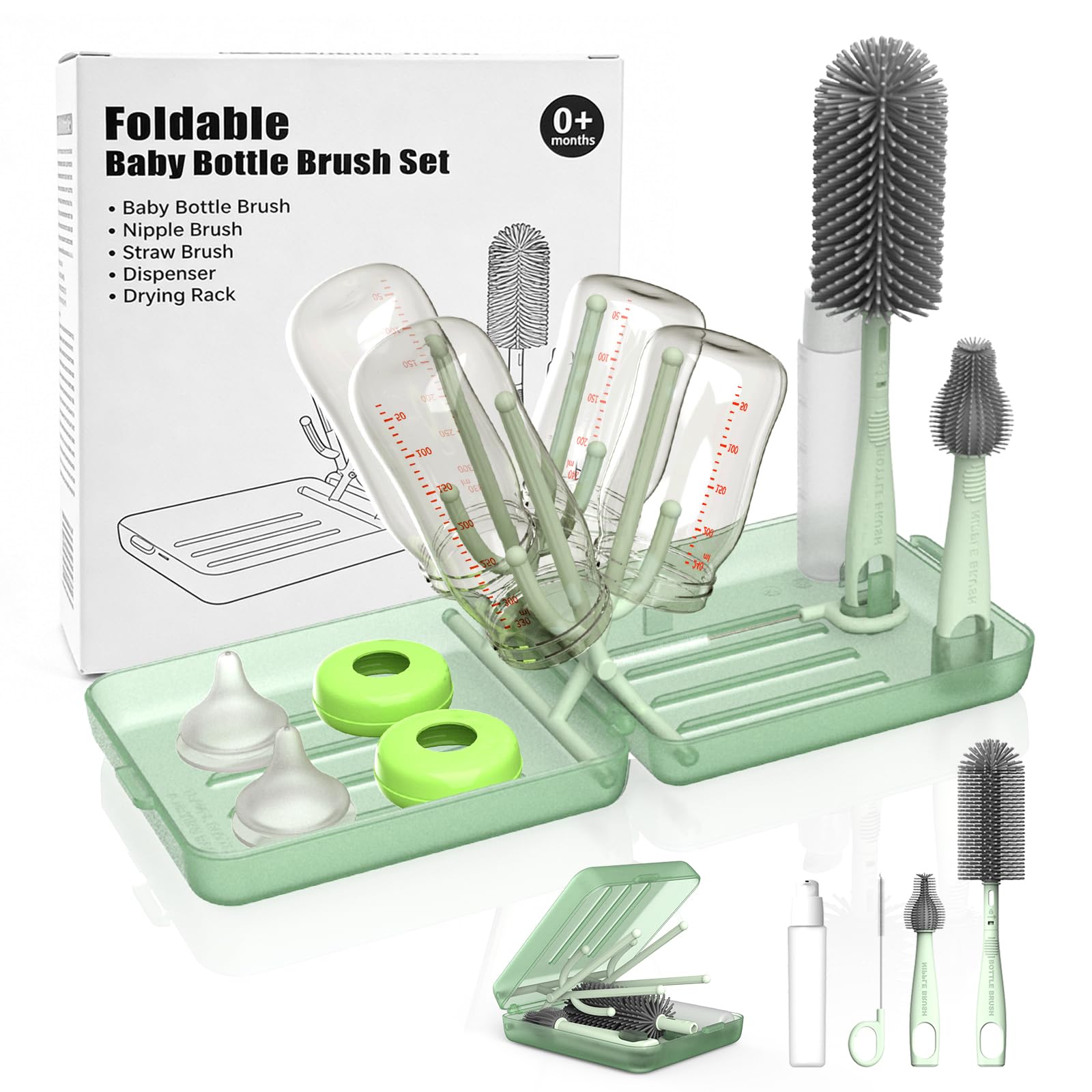 Goupillon Biberon Silicone, Kit Nettoyage Voyage INCL. Brosse pour Biberon, Tétine, Paille, Distributeur, Egouttoir Intégré, Étui, Nettoyeur Biberon Portable Prêt pour Sortie Bébé (Vert Sauge)