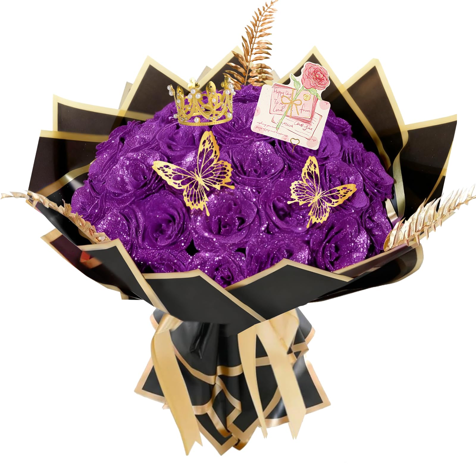 AIGOCITY 24 Pcs Glitter Roses Bouquet,Artificial Rose Bouquet,Sparkly Rose,DIY Fake Glitter Bouquets with Crown Card 3D Butterfly for Birthday Gifts Wedding Valentine's Day Mother's Day (Purple)