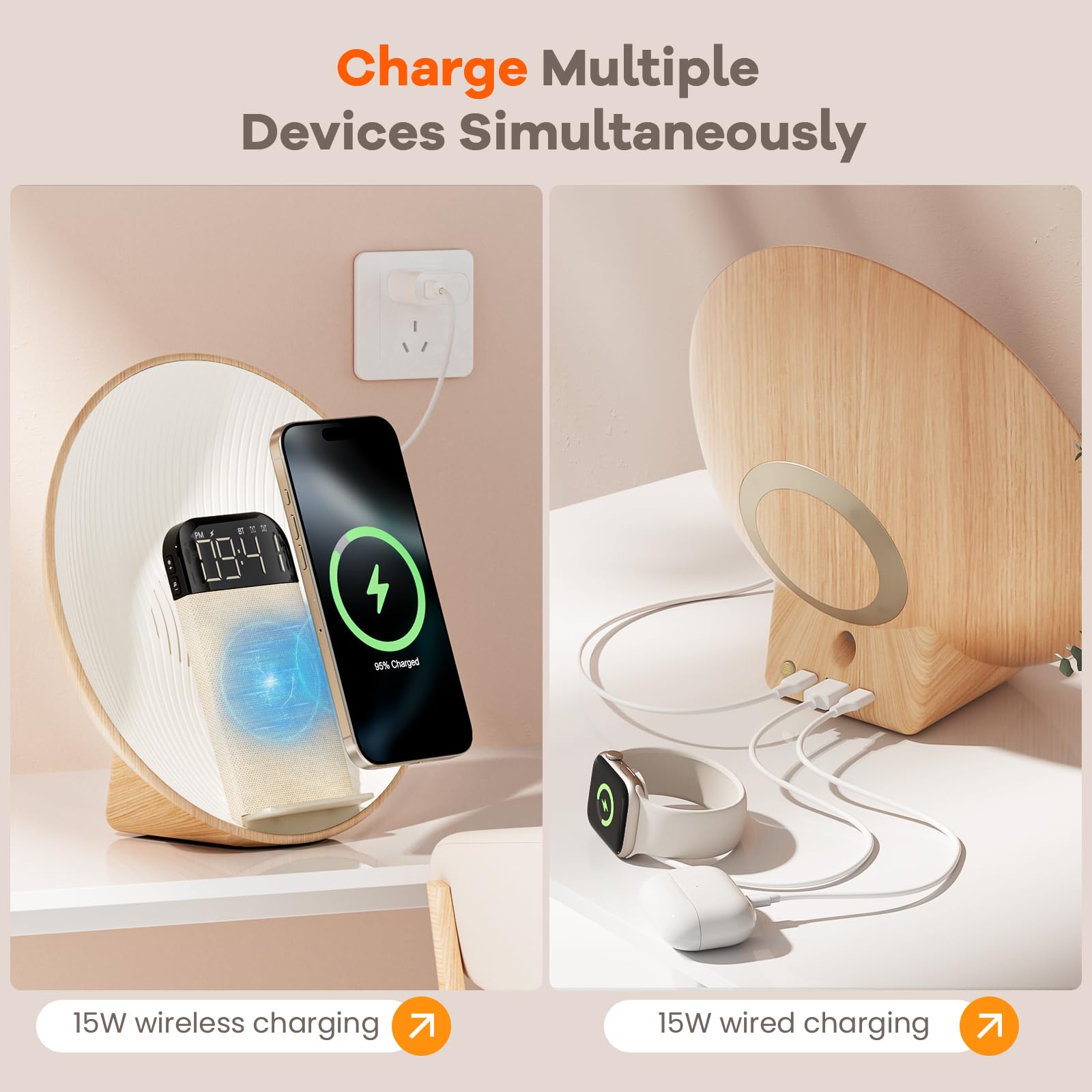 COLSUR Sunrise Alarm Clock Wake Up Light,Bluetooth Speaker,Wireless Charging,White Noise,Bedside Lamp,Bedroom,Snooze & Sleep Aid,Ideal for Gift