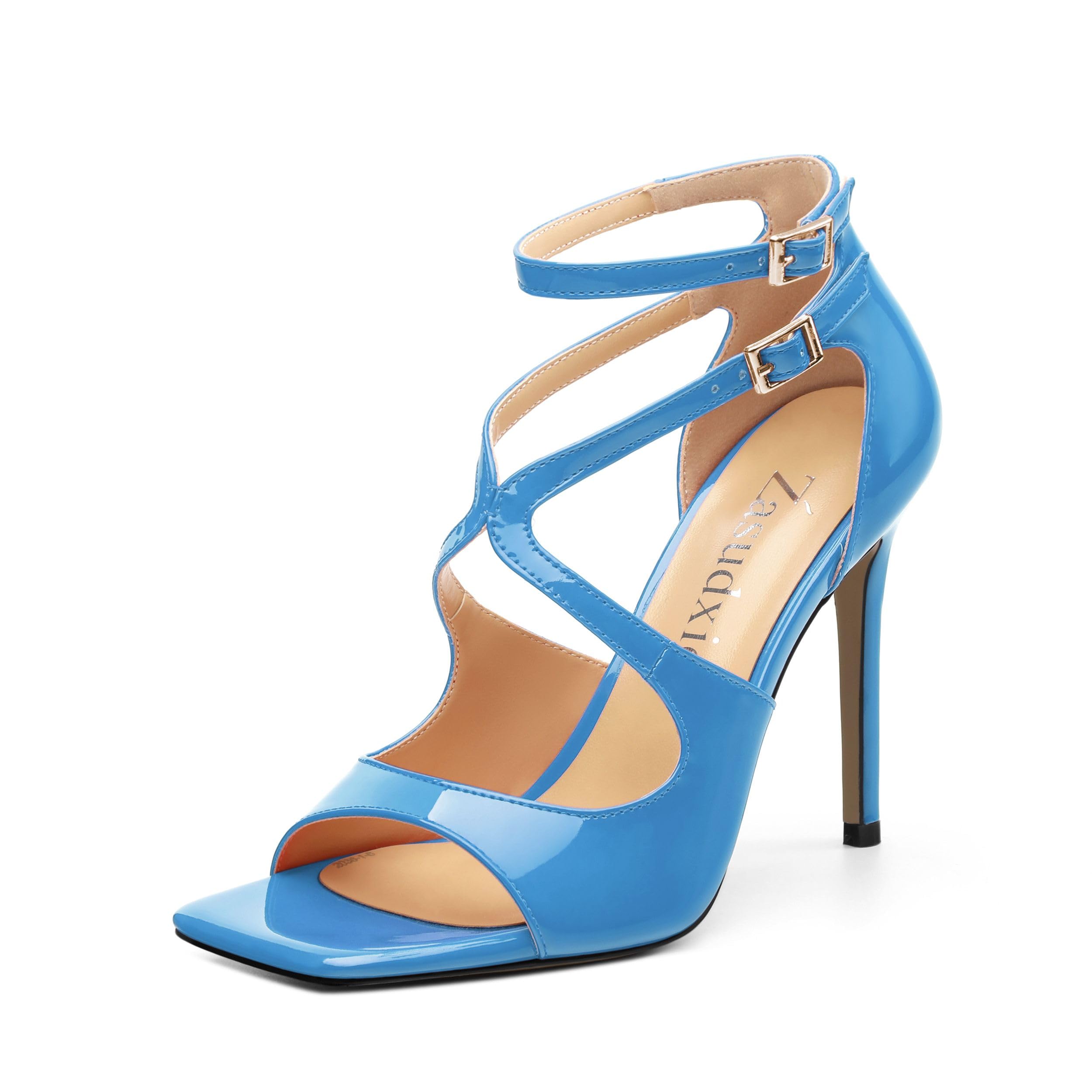 zasudxie High Heels for Women, Women's Stiletto Heels Cross Strappy Square Open Toe Sexy Sandals Ankle Strap Buckle High Heels Fashion Dress Prom