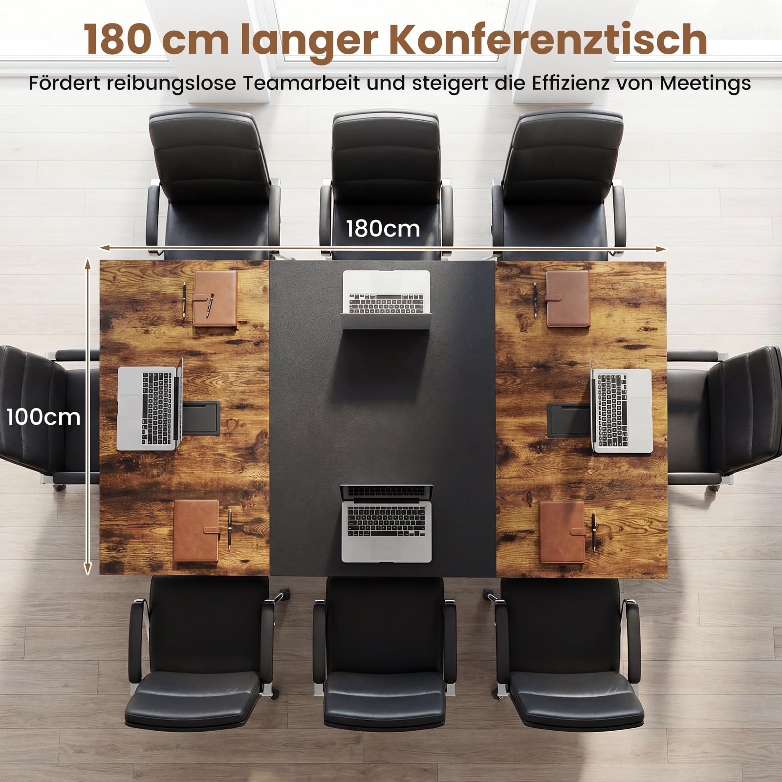 COSTWAY Großer Konferenztisch, rechteckiger Besprechungstisch mit Kabeldurchführung für 6-8 Personen, industrieller Seminartisch für Büro, Esszimmer, 180x100x76,5 cm (L x B x H) (Modell2)