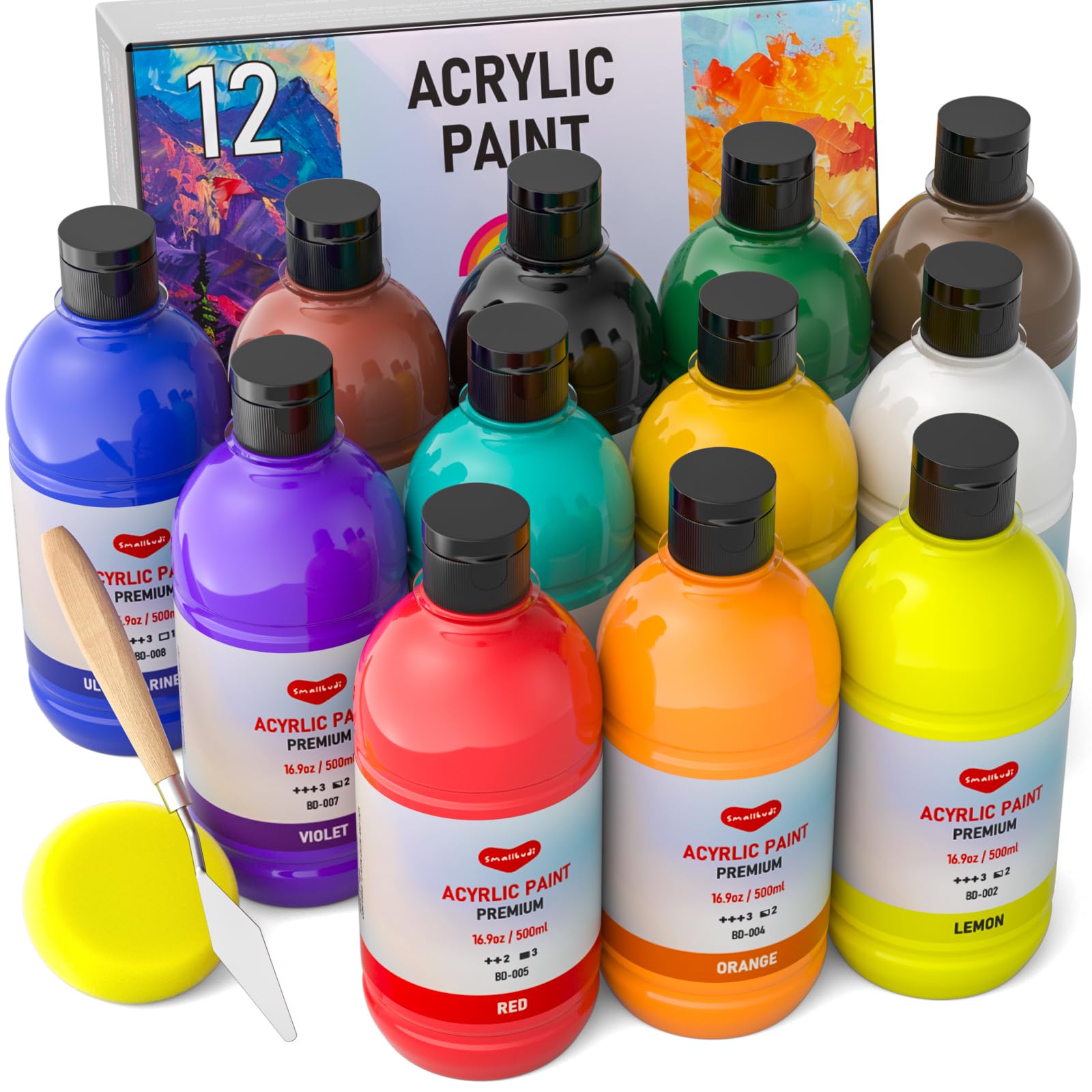 12 Colors Large Acrylic Paint Set (16.9 oz,500 ml), Bulk Acrylic Paint Non-Toxic Art Painting Supplies on Multi Surface Pumpkin Canvas Wood Craft Fabric Rock for Artist Kids with Color Wheel