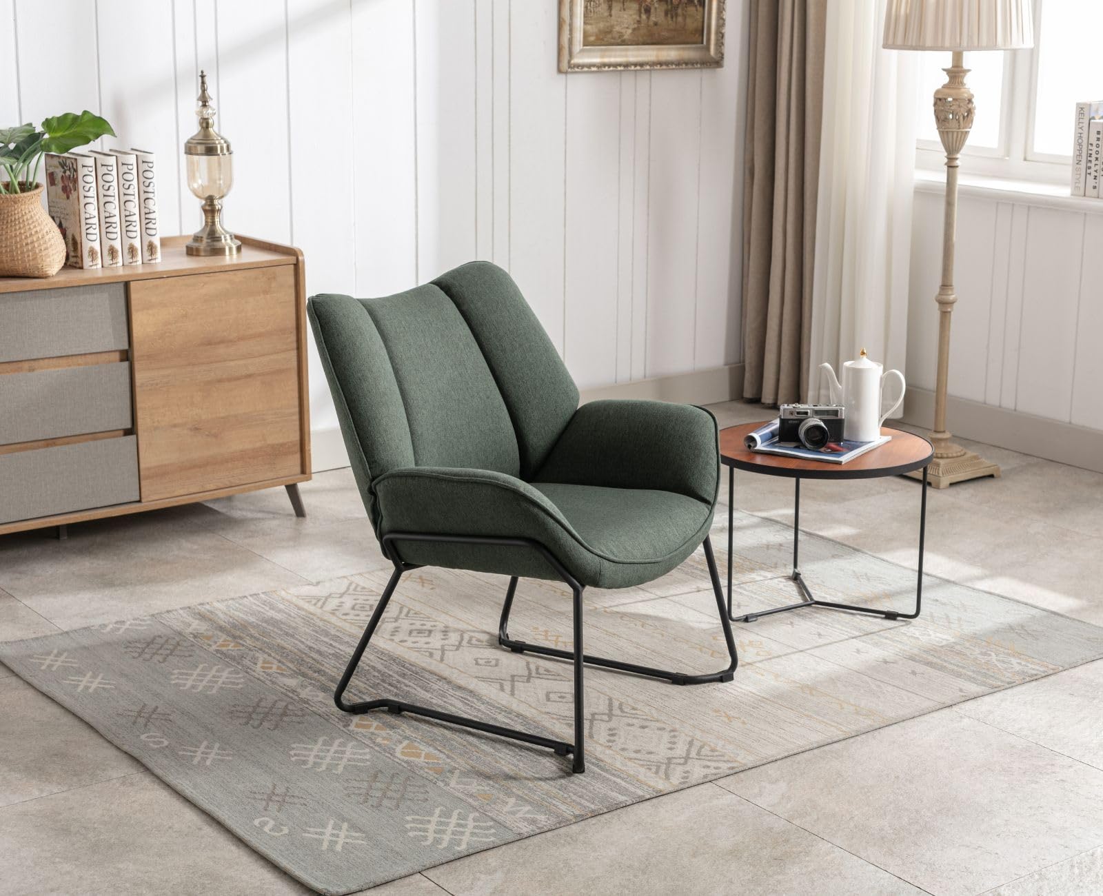 Ya-Home Poltrona Imbottita Sedia da Salotto Moderno con Gambe in Metallo Poltroncine Salotti in Tessuto di Lino Poltroncina con Braccioli per Camera da Letto/Soggiorno, Verde