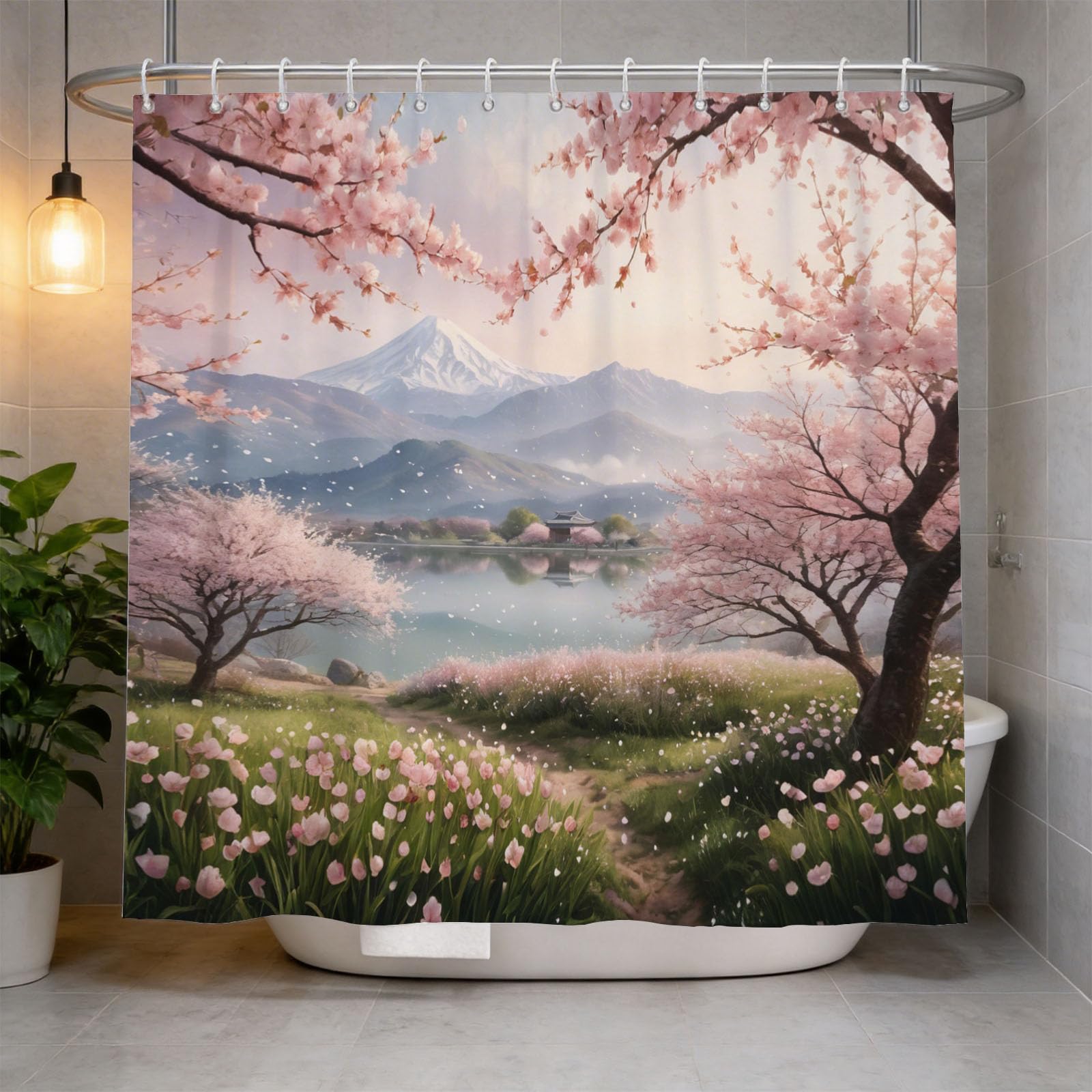 Hongduo 3D Cherry Blossoms Pink Shower Curtain for Stalls Bathtubs Cartoon Bathroom Decor Shower Curtain Set Polyester Fabric Waterproof 200x200cm/79X79 Inch with Hooks