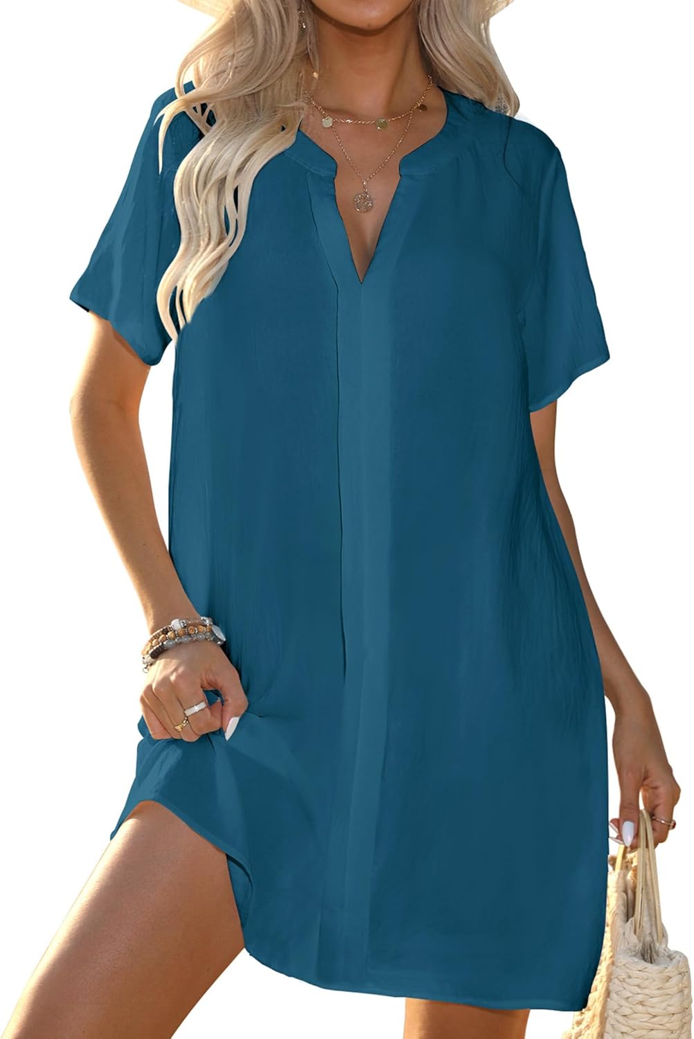 Halife Women's Swimsuit Cover Up Shirt V Neck Short Sleeve Bathing Suit Coverups Summer Beach Cover Ups