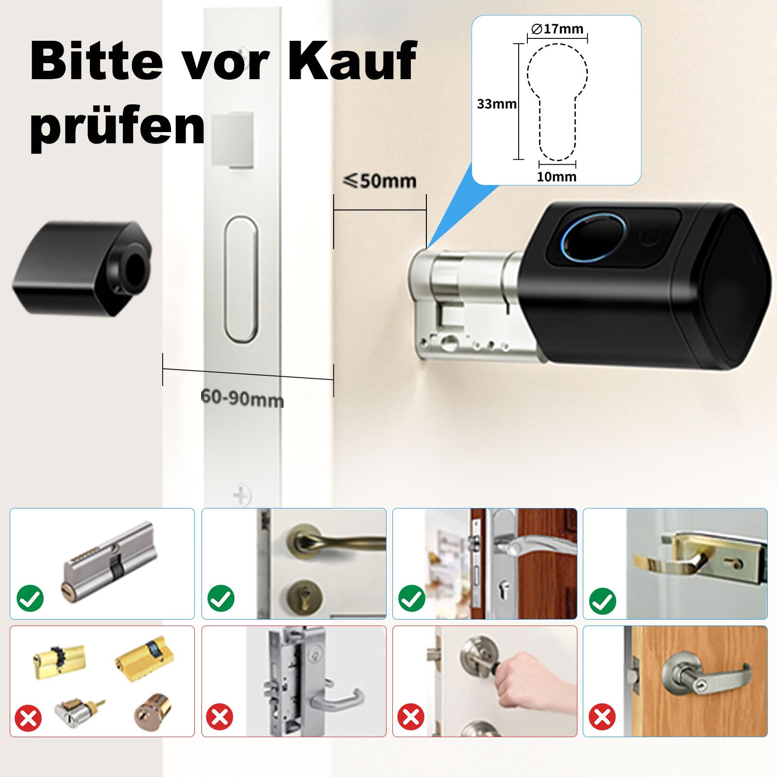 Türschloss Fingerabdruck, Fingerabdruck Schloss, Verstellbare Länge elektronisches türschloss, Smart Lock mit RFID-Karte, App, WLAN, Bluetooth-Entriegelung,Verlängerungszubehör,60–90 mm, schwarz