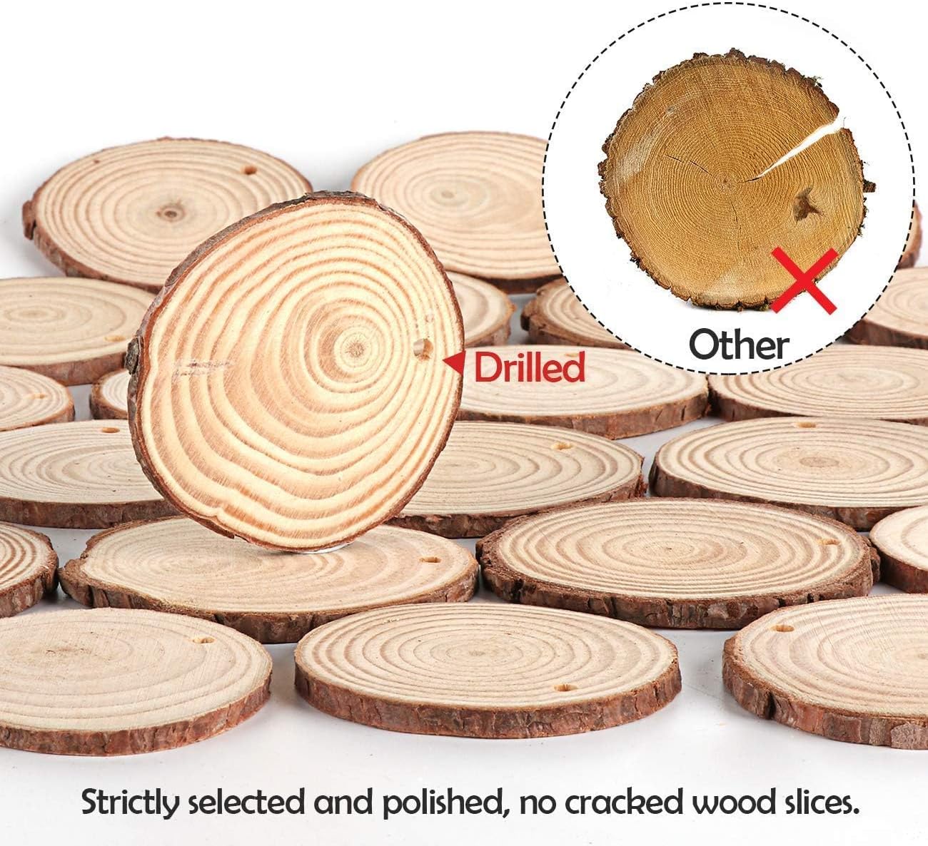 50Pcs Wood Slices for Crafts, 2.4"-2.8" Unfinished Wood Circles for Crafts with Pre-drilled Hole and String, Unfinished Wood Rounds for Home Decor, Painting, Wooden Coasters, DIY, Party Wedding Decor