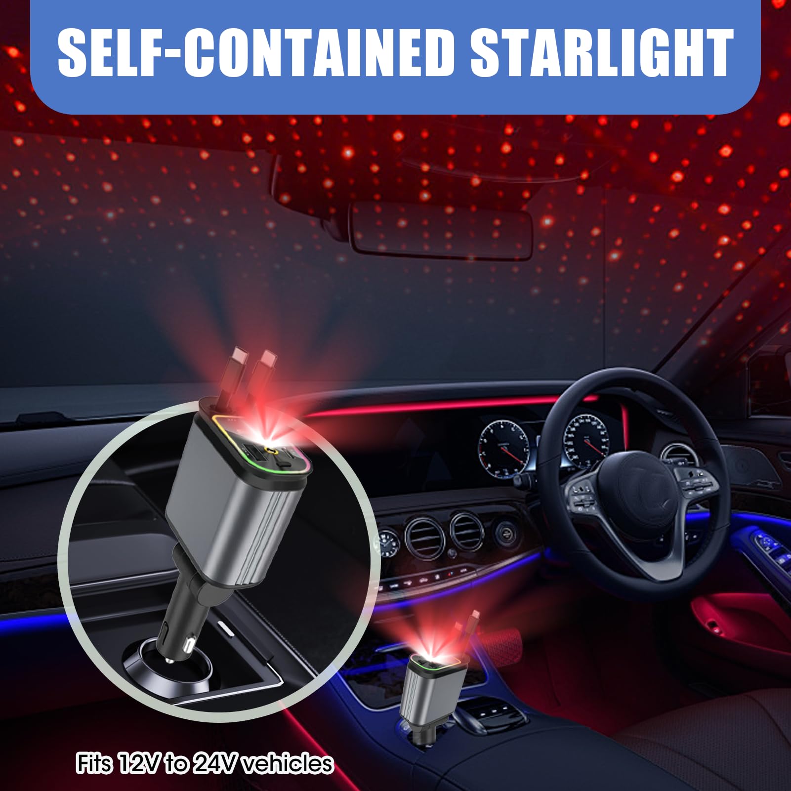 Caricabatterie Auto Retrattile 66W 4 In 1 – Cavi Type-C E Lightning Integrati, 2 Porte USB, Testina Regolabile