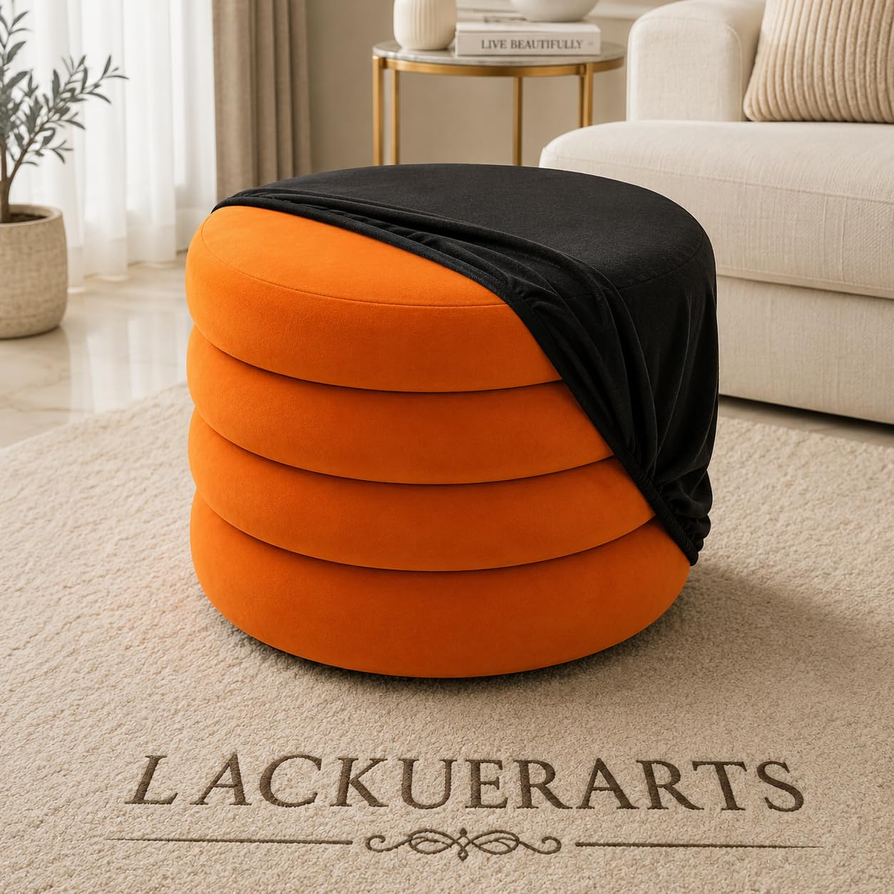 Velvet Round Ottoman Stool for Living Room Bedroom & Home Decor Upholstered Footrest Extra Seating Pouffe Dressing Table Stool Modern Stylish Compact Furniture (Matte Black)-image-29