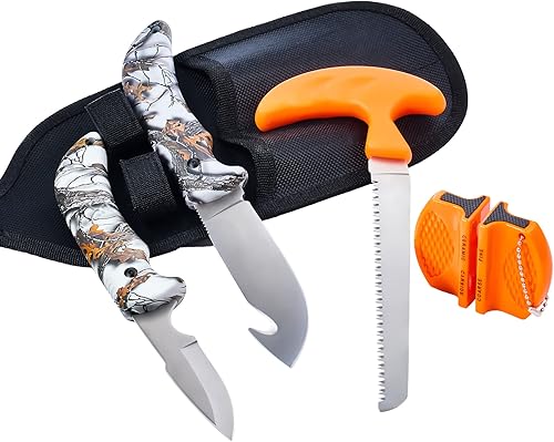 KNINE OUTDOORS Juego combinado de cuchillo de caza y sierra de 4 piezas, desollador de gancho de tripa, cuchillo de capa de hoja fija, funda de