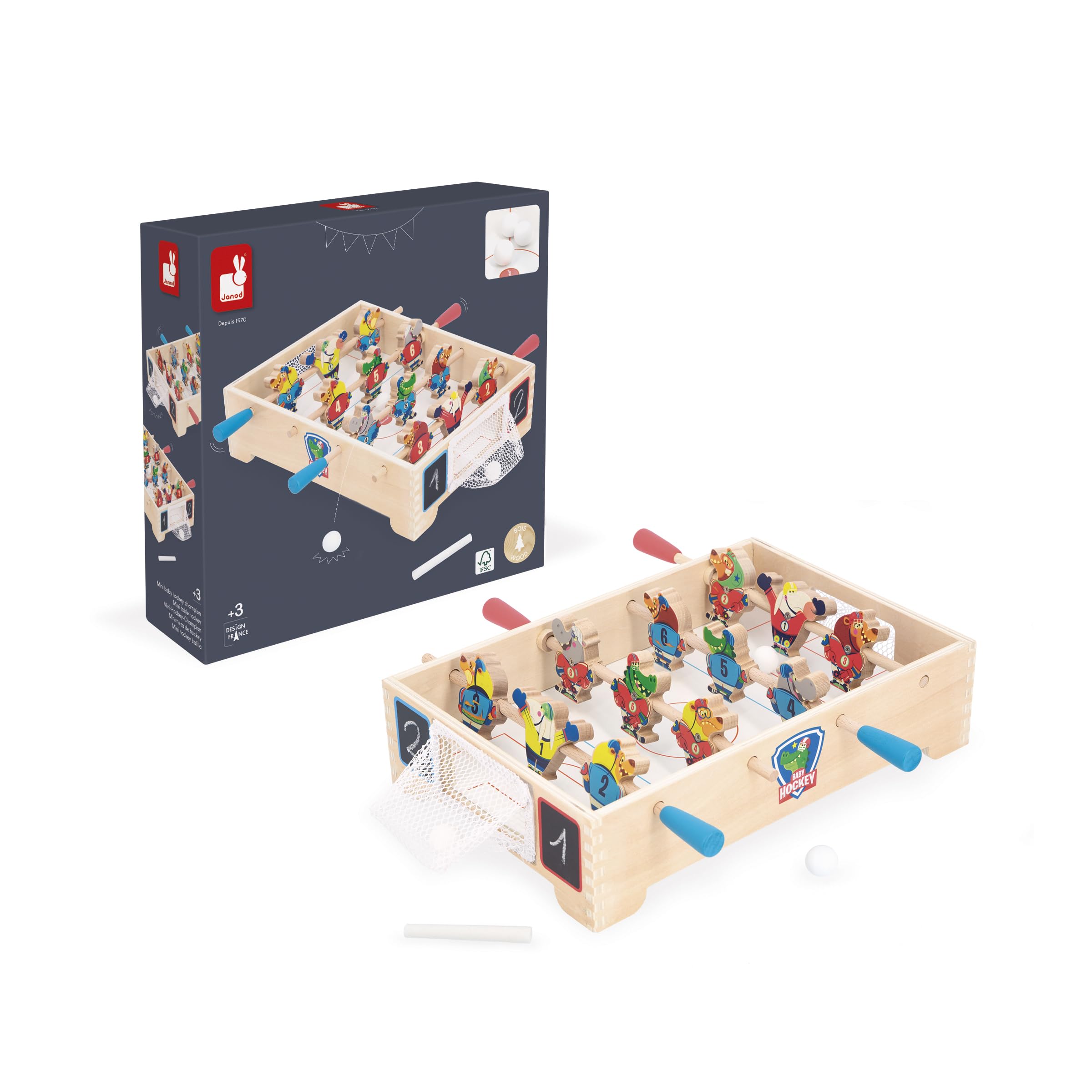 Janod Mini Futbolín de Madera para Niños - Tema Hockey sobre Hielo - FSC - A Partir de 3 Años