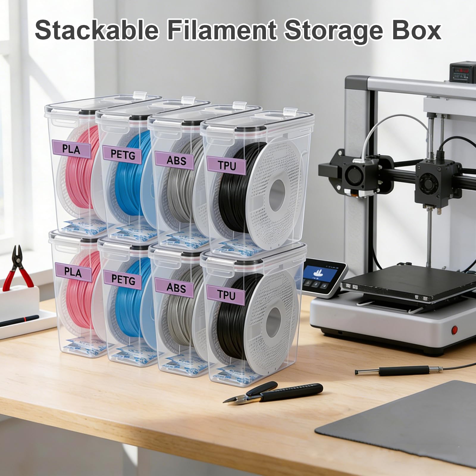 3D-Drucker Filament Aufbewahrungsbox, 4er-Pack Trockenbox mit wiederverwendbarem Silica Gel Trockenmittel für 1KG PLA ABS PETG Filamentspulen, Schützt vor Feuchtigkeit