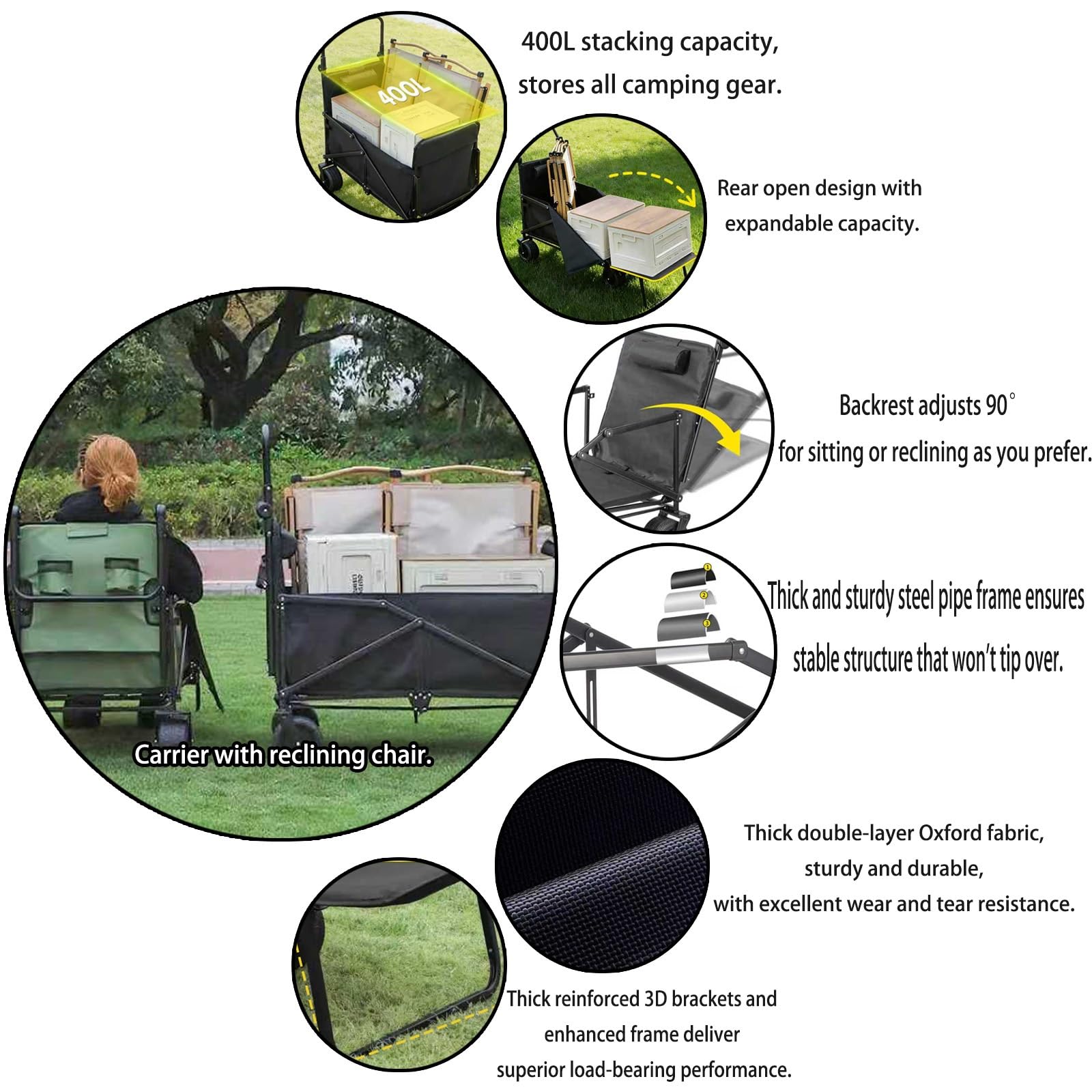 einkaufstrolley bollerwagen liegestuhl relaxliege treppensteiger groß modern mit Sitz klein 4 räder Rücklehnsessel kompatibel Hintere Öffnung Design Oxford Stoff 90°(Green)