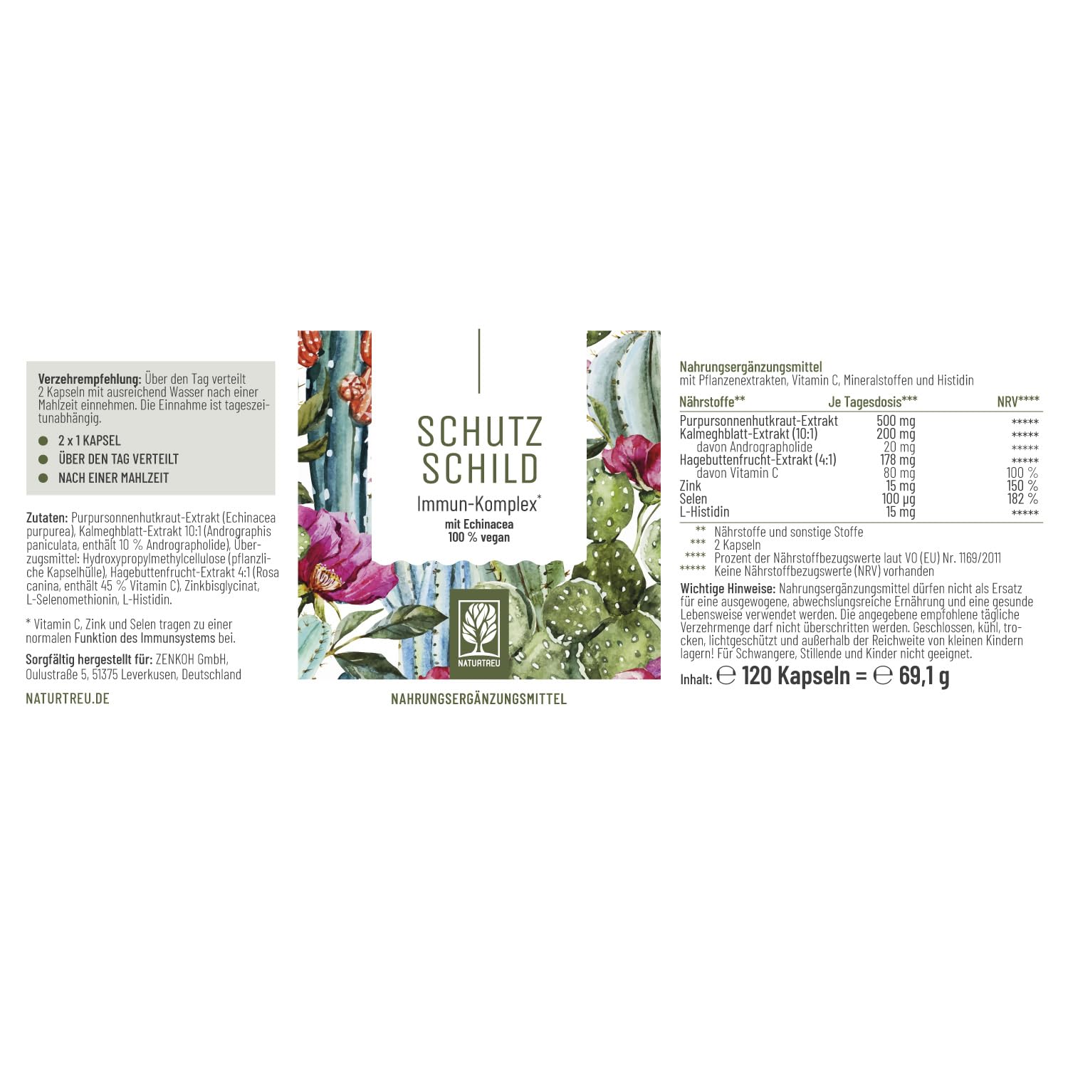 Immunsystem-Komplex - 500mg Echinacea mit Vitamin C Zink Selen L-Histidin & Kalmegh - Immunsystem stärken * vegan & ohne Zusätze - 120 Echinacea Purpurea Kapseln für 60 Tage