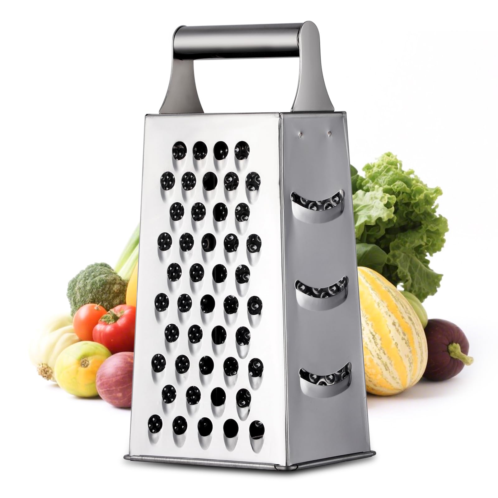 Buyer Star Stainless Steel 4-Sided Grater, 9.37 Inch Multifunctional Cheese Grater, Suitable for Vegetables,Vegetable Grater, Zester, Dishwasher Safe (Silver)
