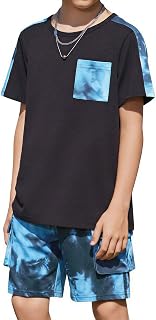 Arshiner Boys 2-Piece Camo Stitching Outfit Short Sleeve Cotton T-Shirt & Shorts Set Kids Summer Clothes 6-14 Years