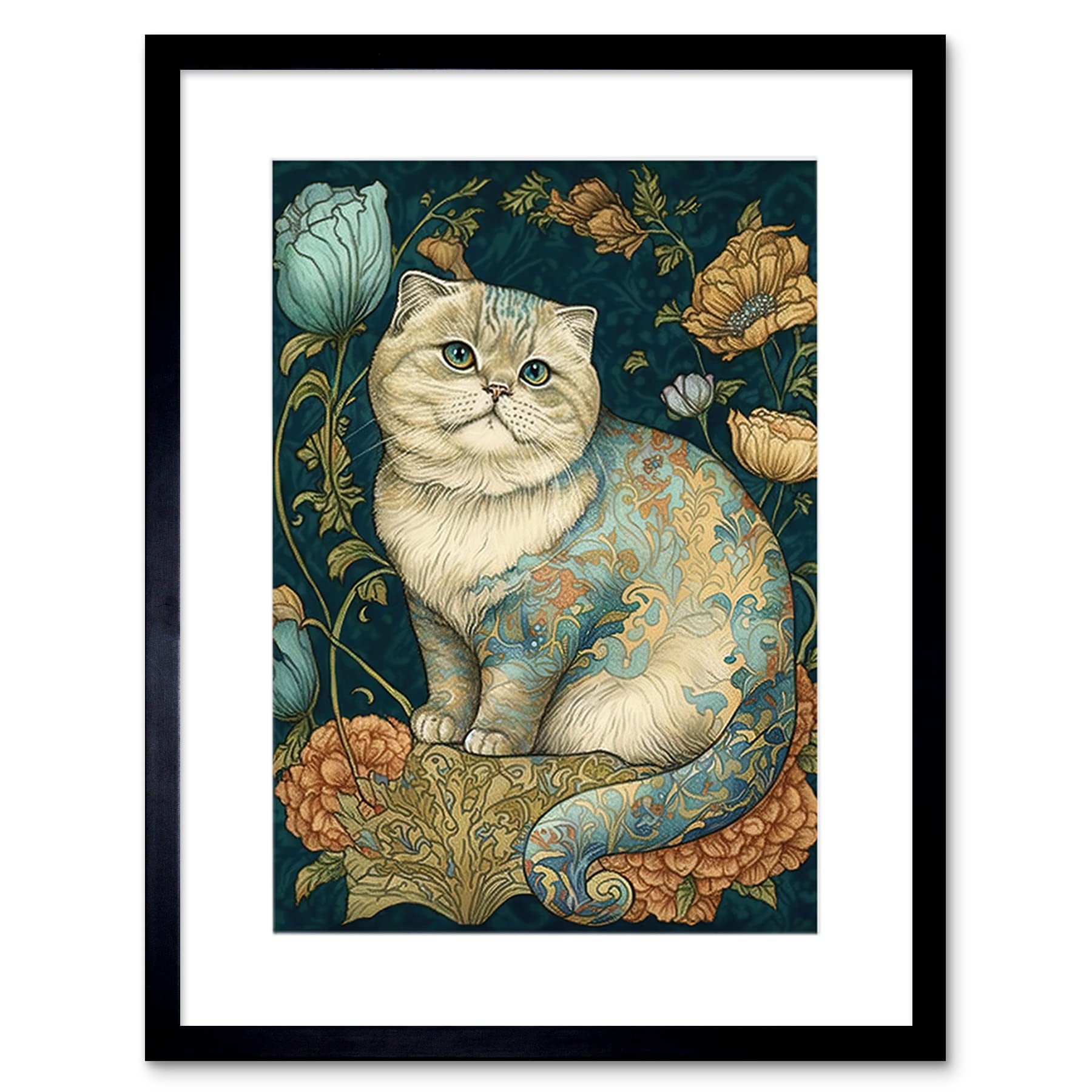 Artery8 William Morris Inspired Cute Cat with Floral Pattern Fur and Flowers Colourful Modern Illustration Artwork Framed Wall Art Print 9X7 Inch