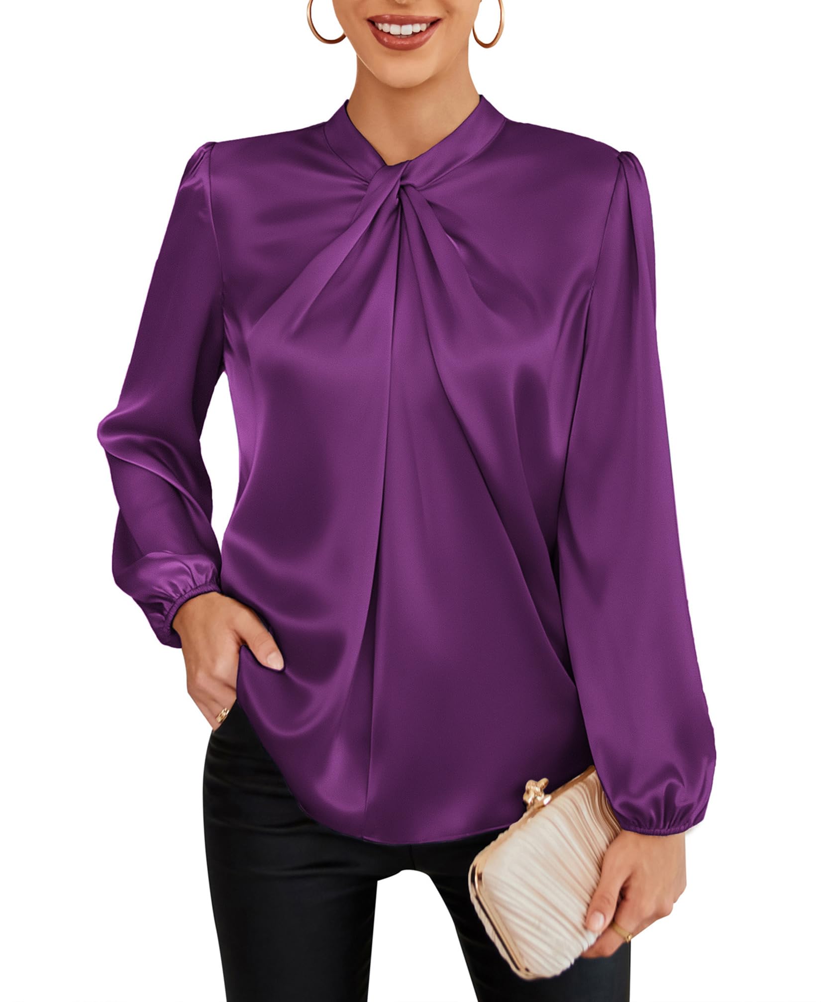 GRACE KARIN Women's Long Sleeve Satin Blouse,Mock Neck Work Silk Shirts,Dressy Tops for Business Casual Office