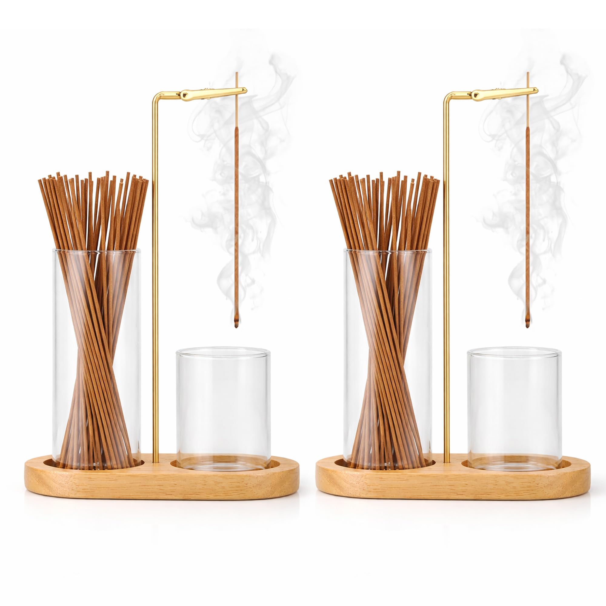 Wooden Inverted Incense Holder 2Pcs: Upside Down Incense Stick Holder 2-in-1 with Removable Glass Ash Catcher for Home Yoga Spa Meditation Relaxation