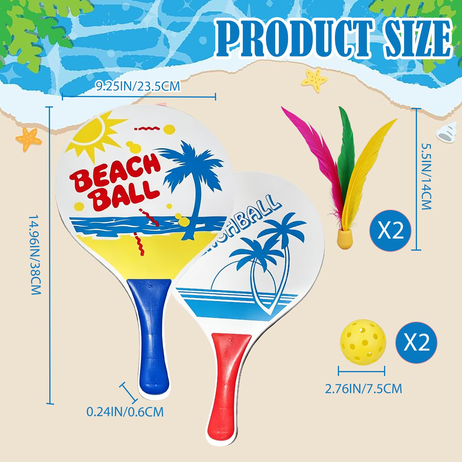 Set de Beachball, 2 Raquettes, 2 Peak Ball, 2 Volants, Raquettes de Plage en Bois Raquettes,Parfait pour Une Fête de Jeux de Plage et de Jardin en Famille