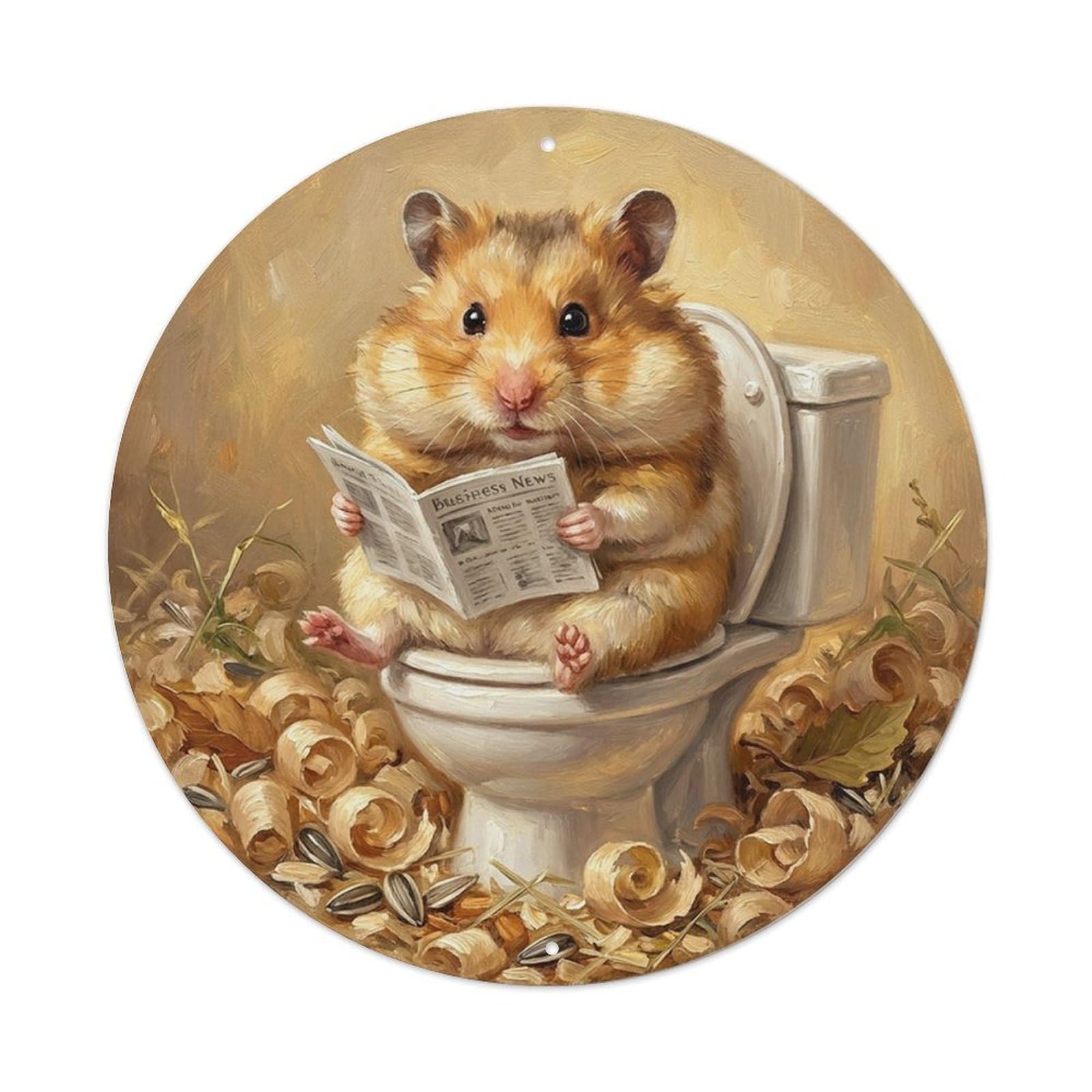 Hamster On Toilet Humorous Bathroom Cozy Wood Shavings Metal Tin Sign
