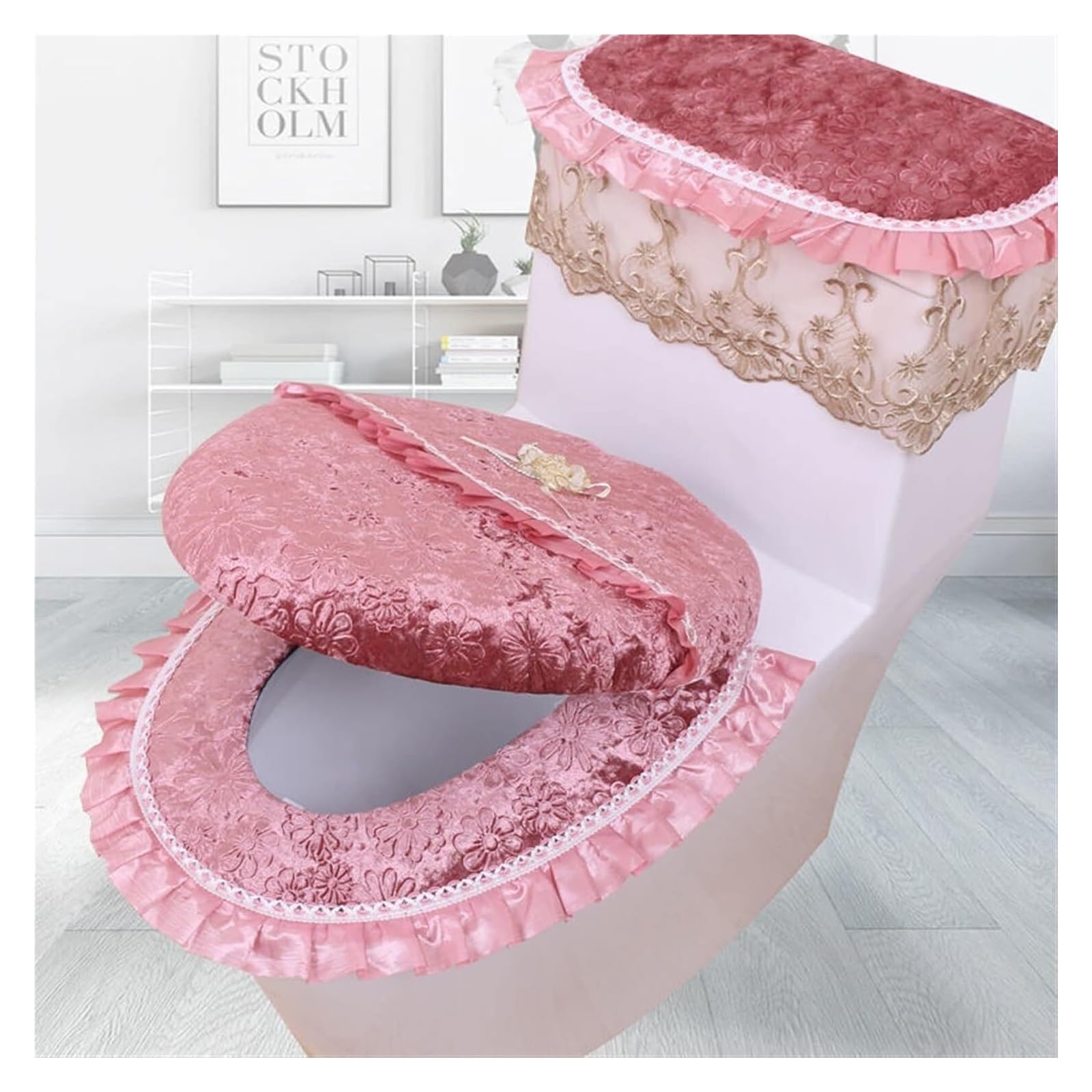 OPFdfhDFH Toilet seat covers, toilet seat cushion,Plush Toilet Lid Cover Case with Lace Seat Covers Warm Soft Bathroom Cushion Mat Universal(Pink)