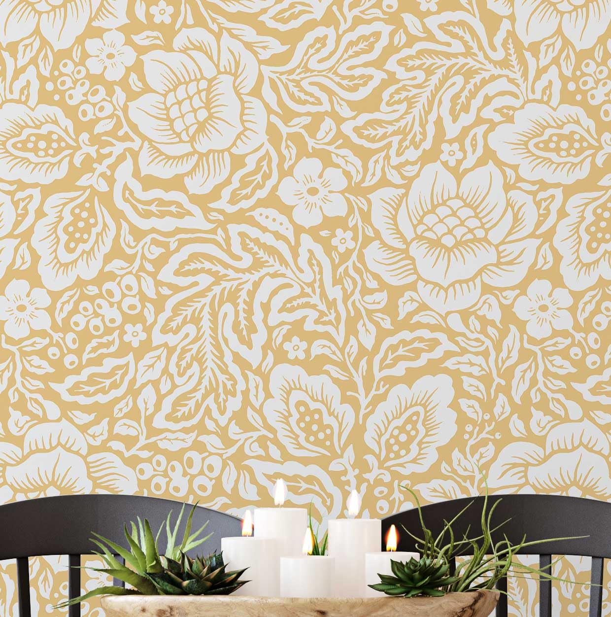 Papier peint floral ethnique jaune pour relooker vos meubles de cuisine